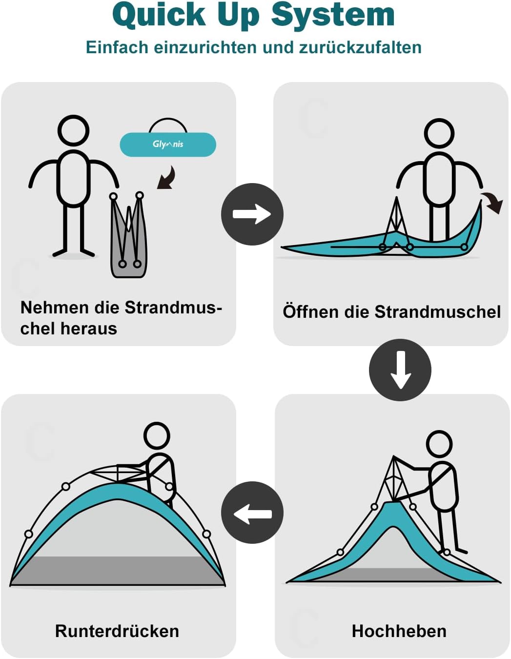 Quick-Up Strandmuschel mit UV-Schutz 50+ für 4-6 Personen, Blau mit silbernem Vinyl