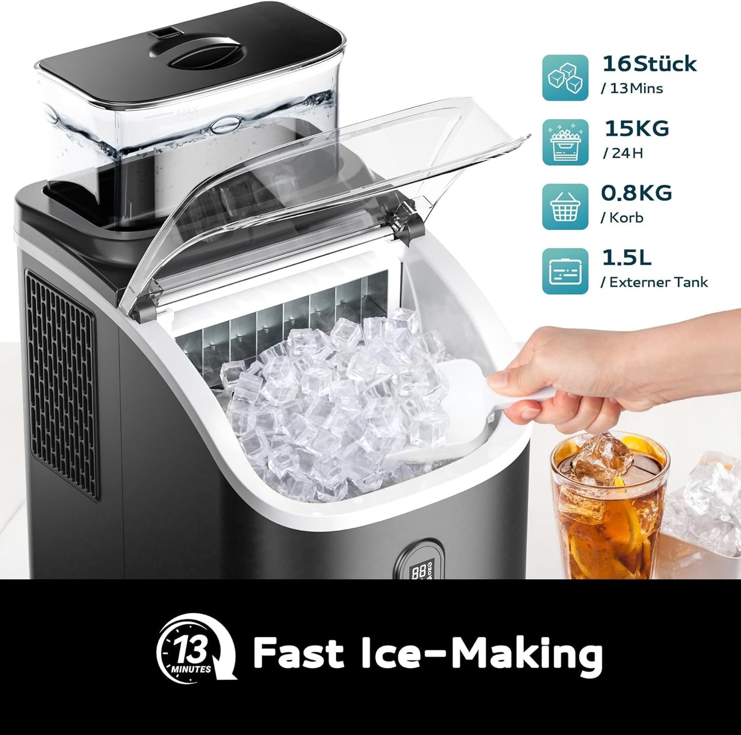Eiswürfelmaschine, Schwarz-15kg