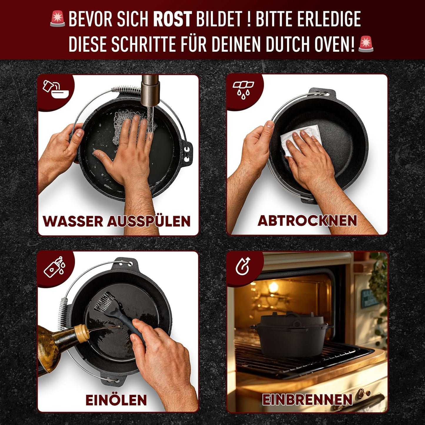 Dutch Oven Set mit Deckelheber und Untersetzer, Topf ohne Fuss 7 Liter