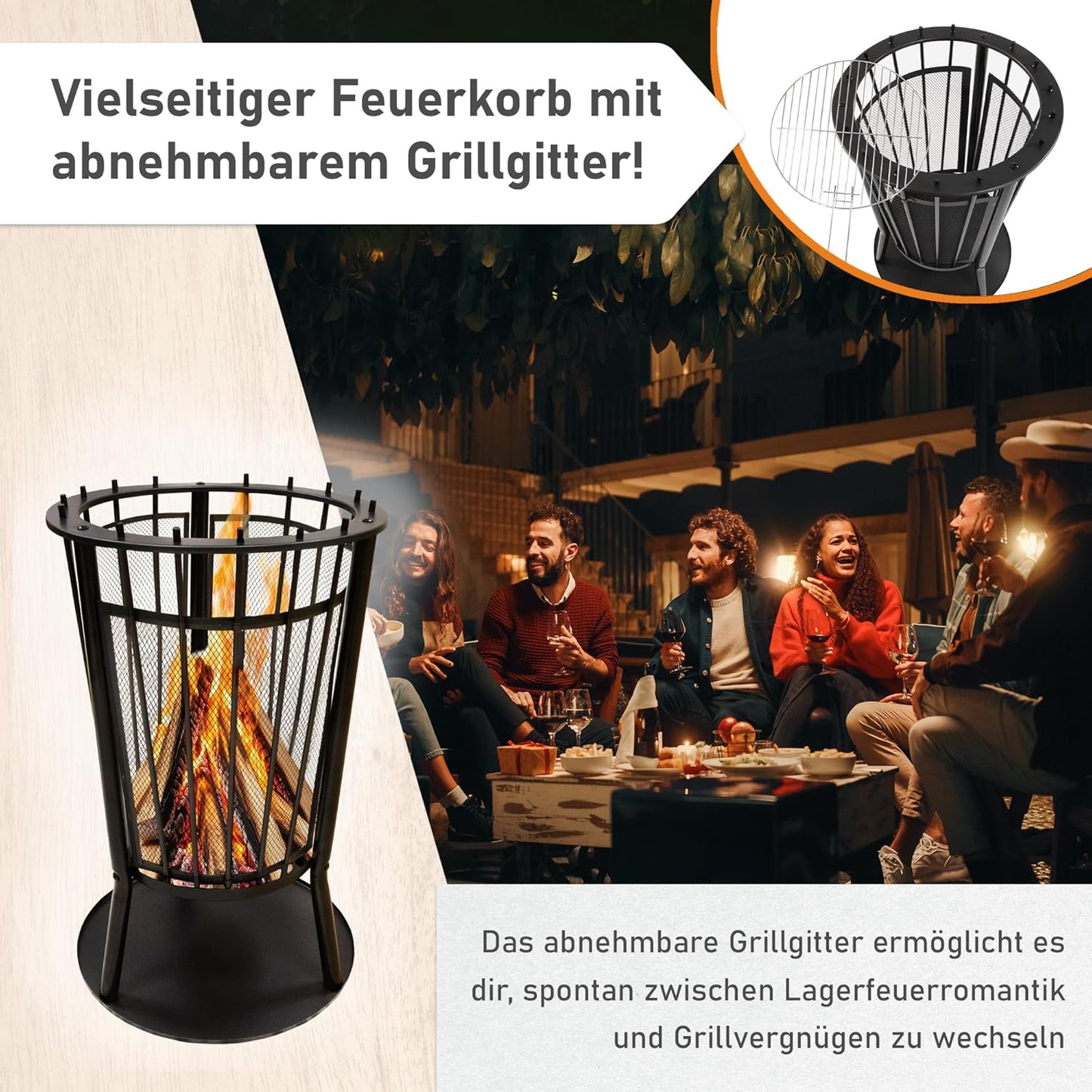 Feuerkorb mit Grillgitter & Funkenschutz, Feuerkorb mit Grillgitter