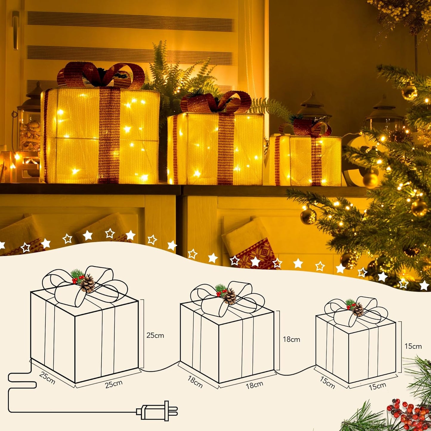 3er-Set LED-Weihnachts-Geschenkboxen, Golden