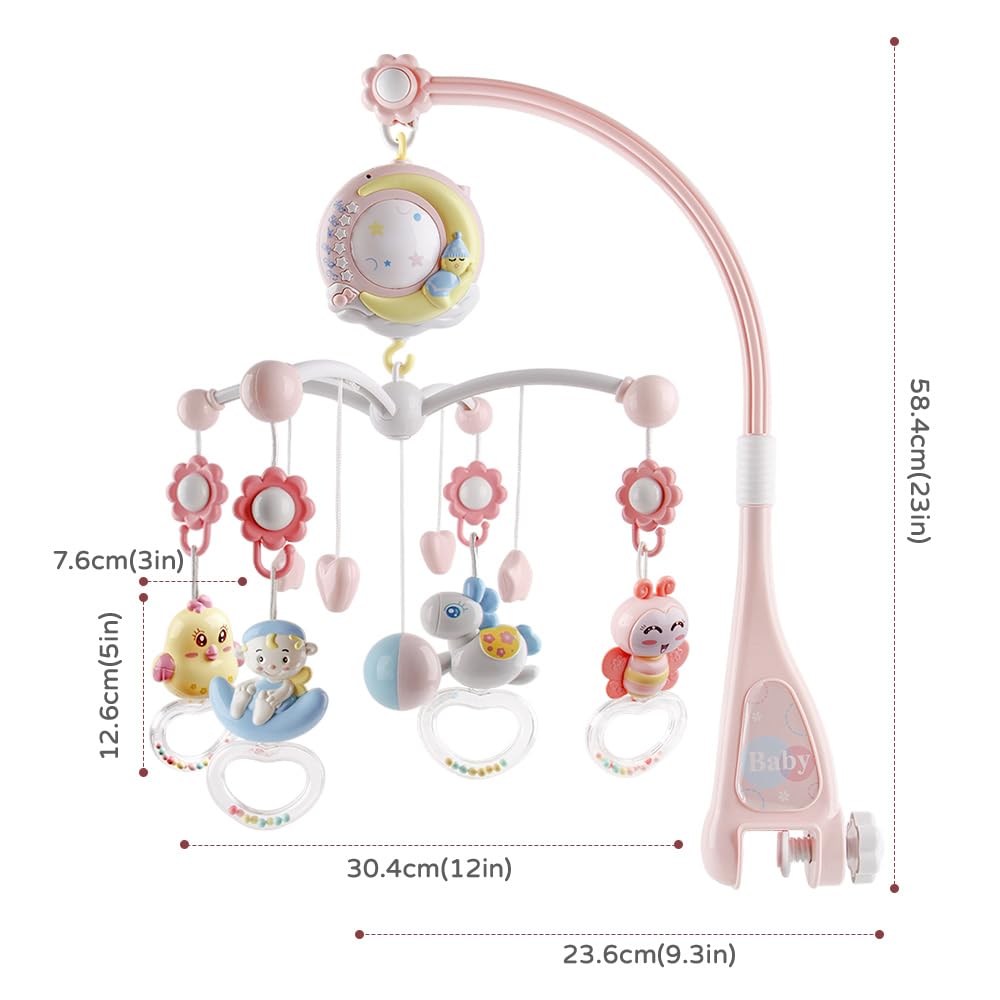 Babybett-Mobile mit 150 Melodien, Projektor, Fernbedienung, Rotationsfunktion und Timer, Rosa