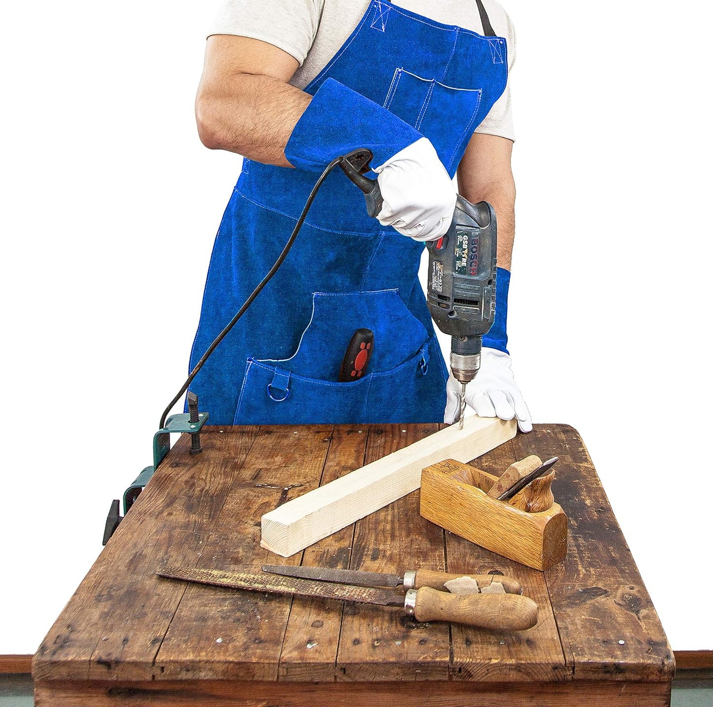 Schweisserschürze aus Leder mit Werkzeugtaschen, Blau
