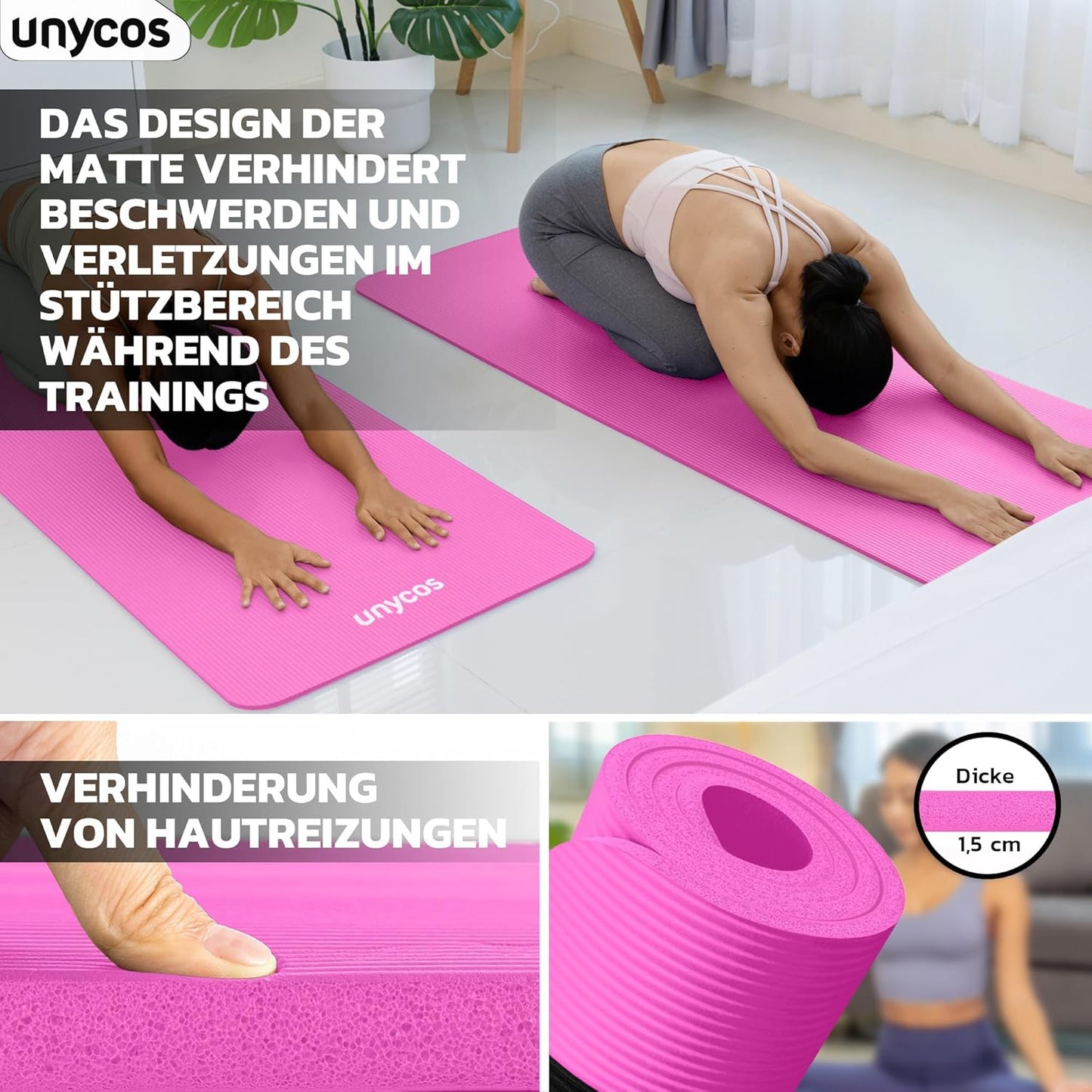 Rutschfeste Fitnessmatte mit Tragegurt, #15 Dunkelrosa 183*60*1.5 cm