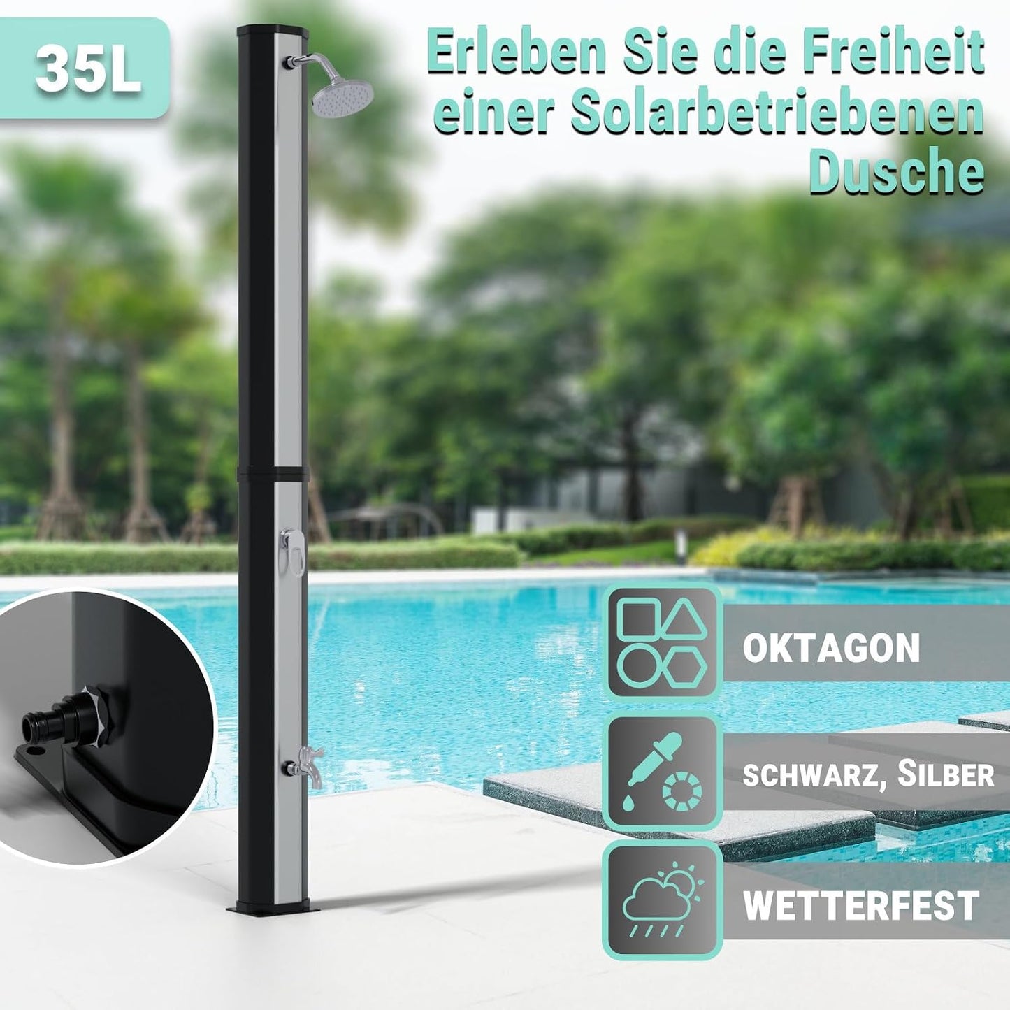 Solardusche 35L für Garten und Camping, Ohne 35L Eckig Schwarz-Silber