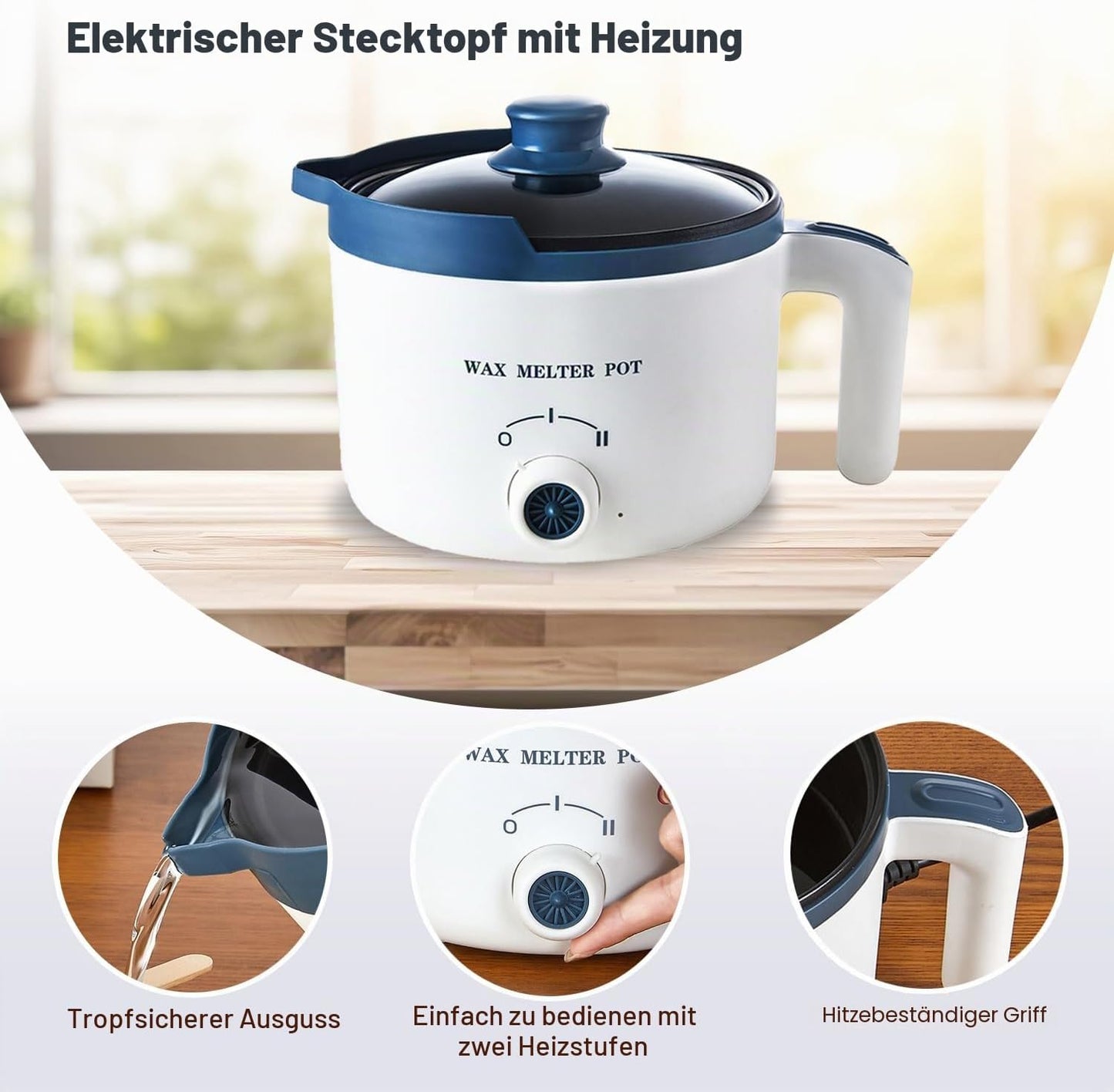 Elektrischer Wachsschmelztopf mit Ausguss 1.5L, Blau Klein tot medium