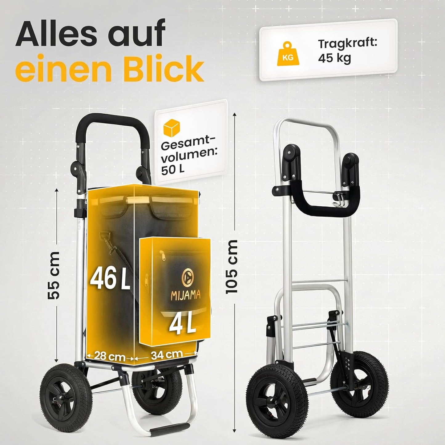 Klappbarer Einkaufstrolley mit Lufträdern, Schwarz