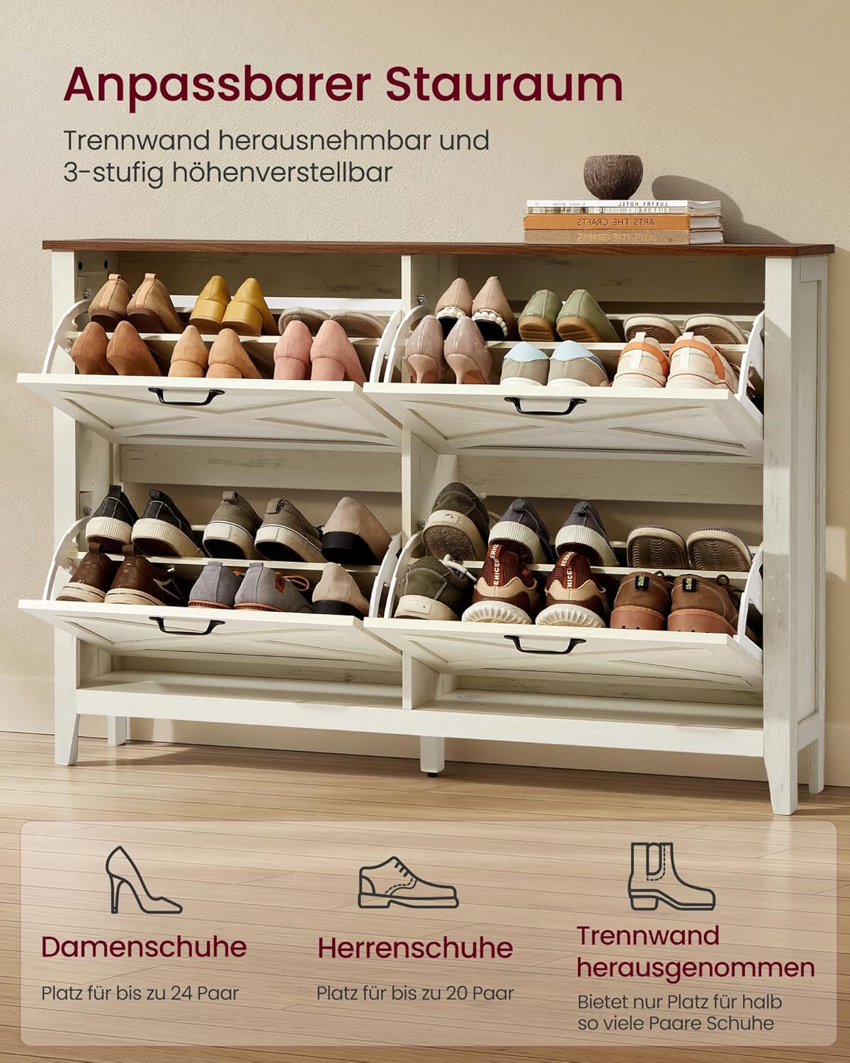 LIRY Kollektion Schuhschrank mit 4 Klappen im Landhausstil, Vintageweiss 24T x 127B x 86,8H cm