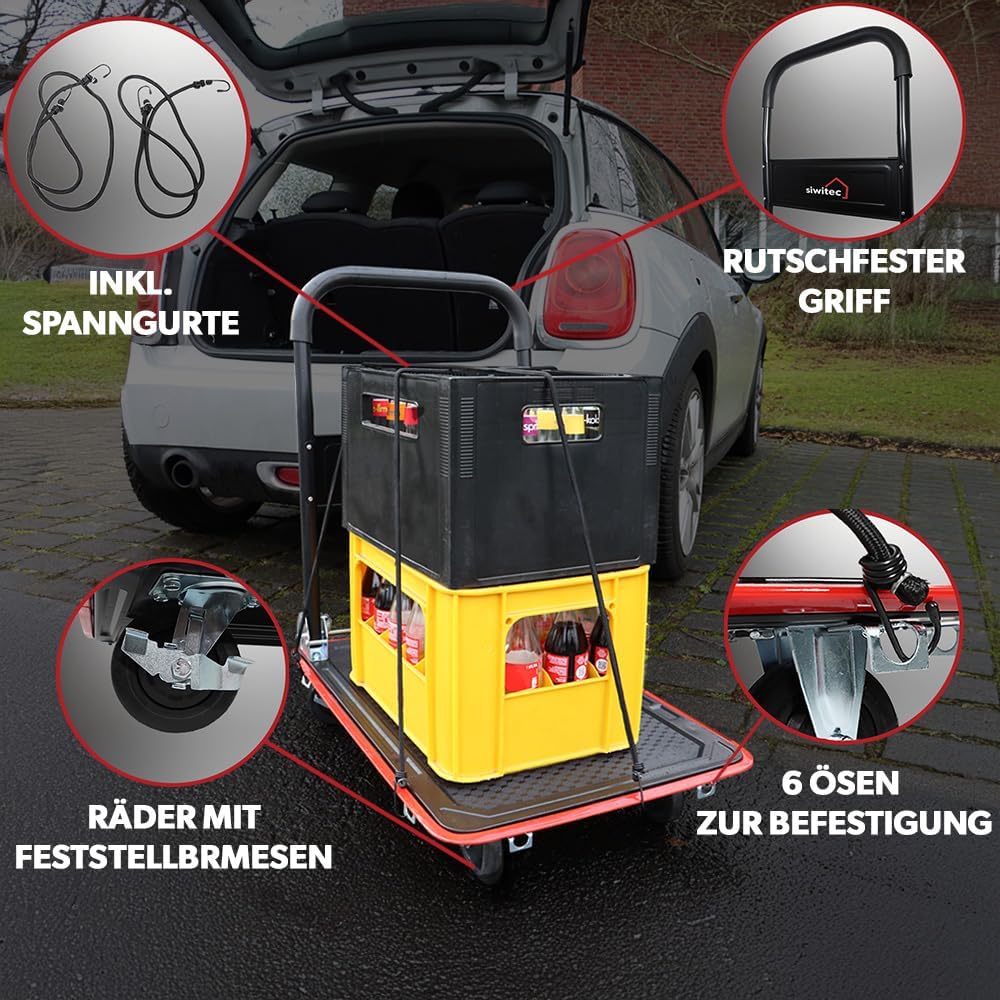 Klappbarer Plattform-Transportwagen mit Spanngurten, 150 kg