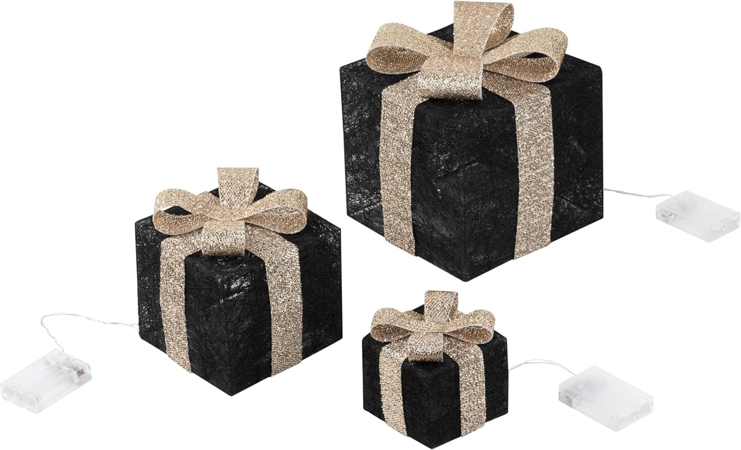 3er-Set LED-Geschenkboxen mit Timer, Schwarz-Gold