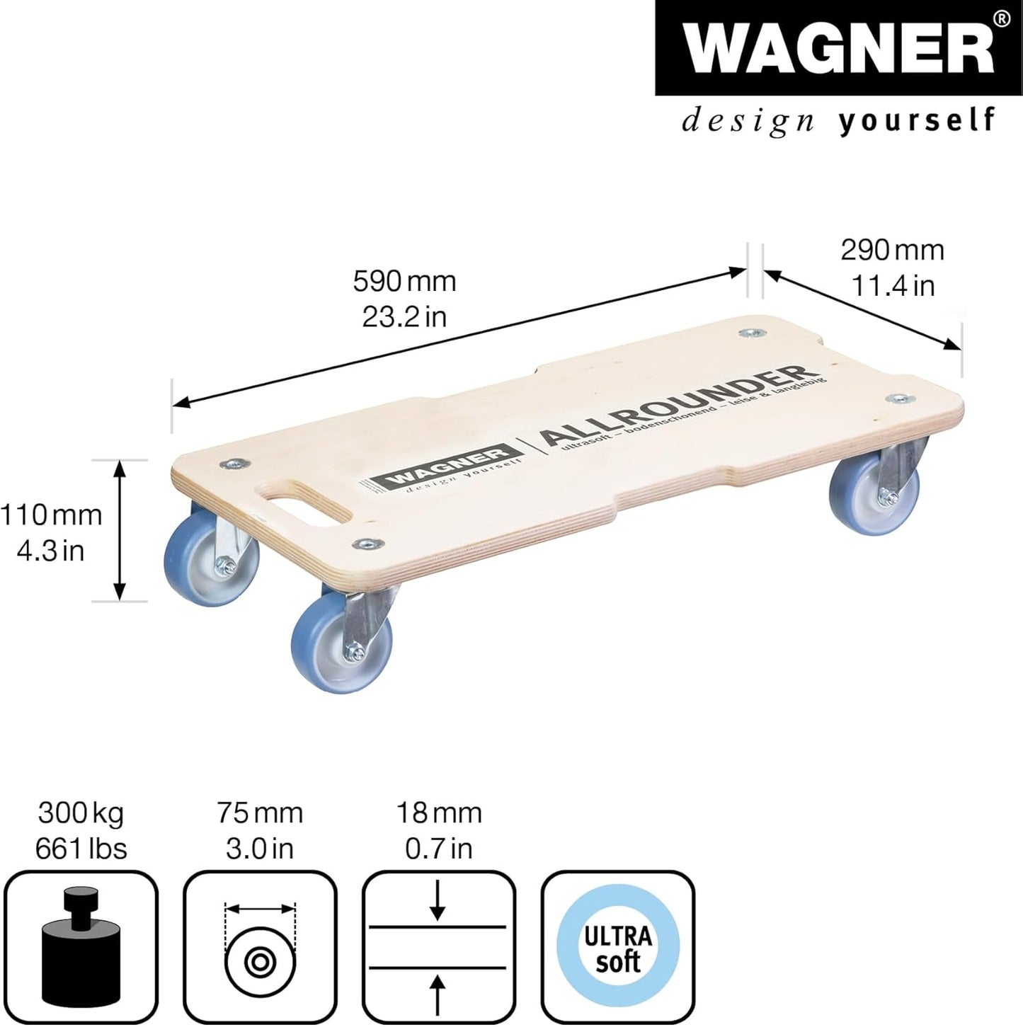 Transportroller Schwerlastrollbrett, (L) 59 x (B) 29 x (H) 11 cm ultrasofte Rollen