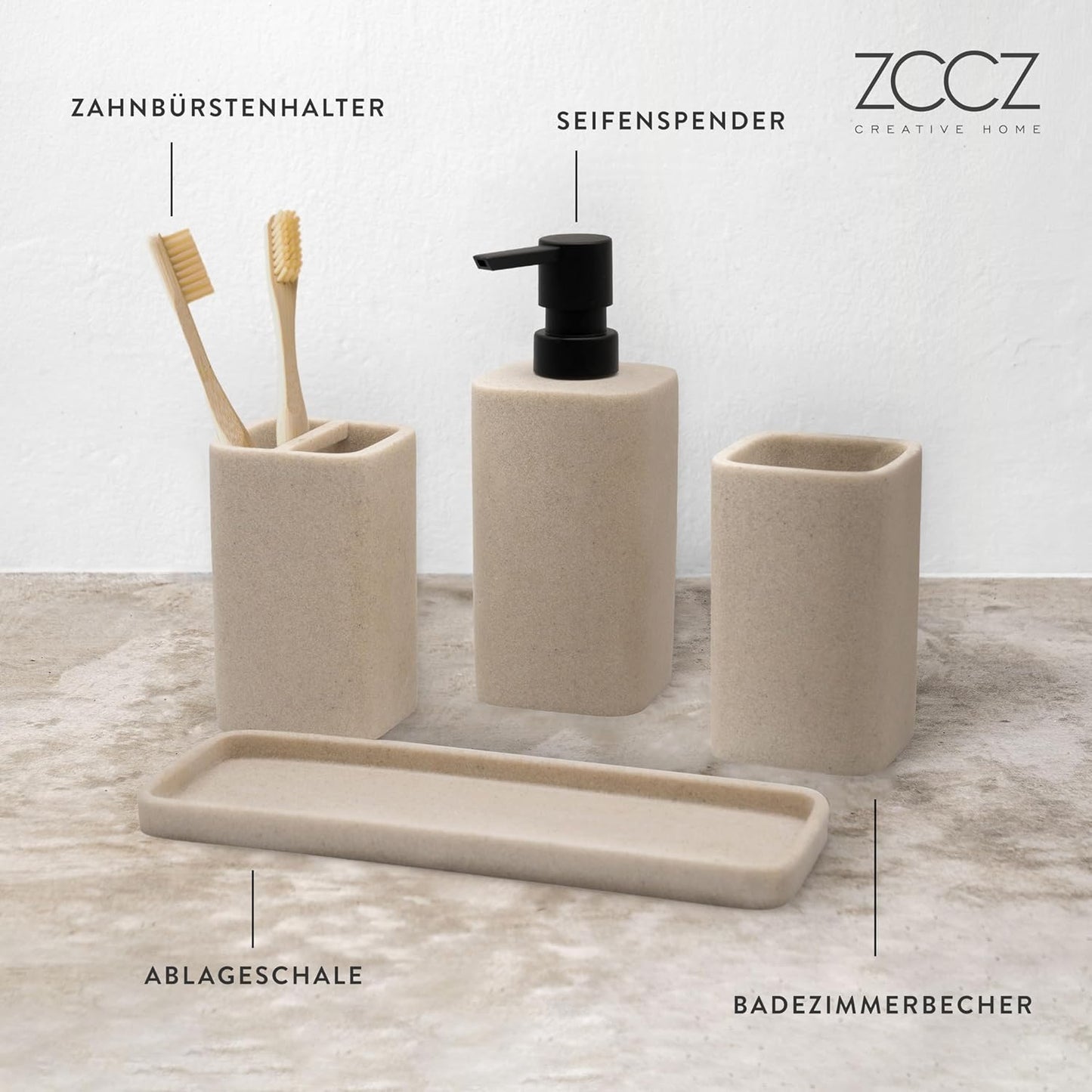4-teiliges Badezimmer Set mit Organizer und Spender, Sand