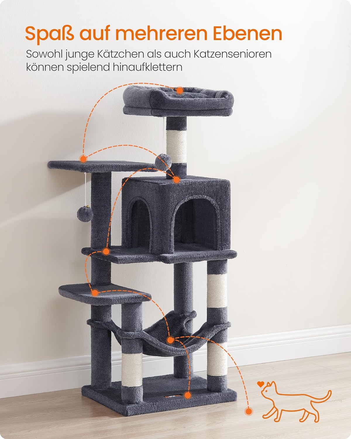 Mehrstöckiger Kratzbaum mit Hängematte und Höhle, PCT261G01, M (45 x 35 x 112 cm) Rauchgrau