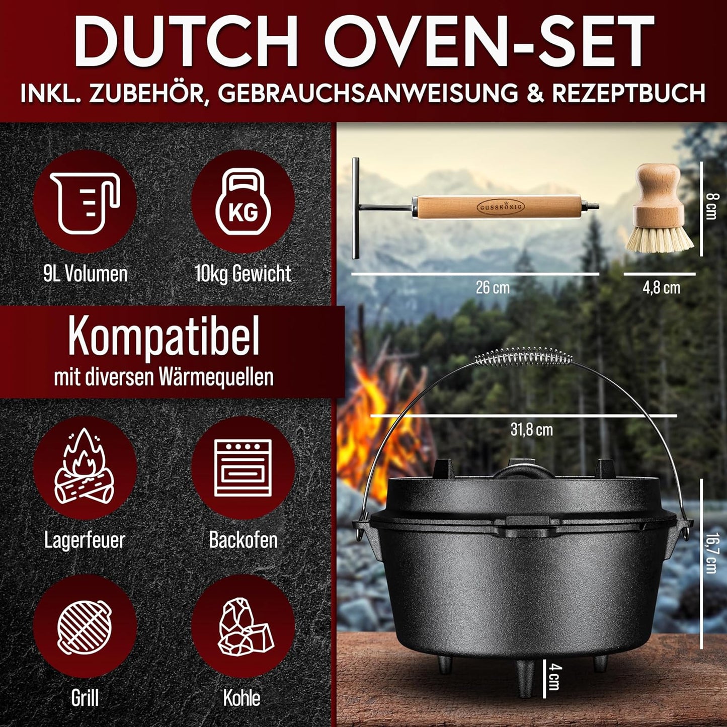 Dutch Oven Set, 9 Liter, Topf mit Fuss