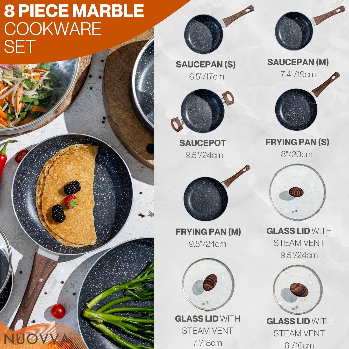 8-teiliges Töpfe- und Pfannen-Set, Schwarz, Silber 8-teilig