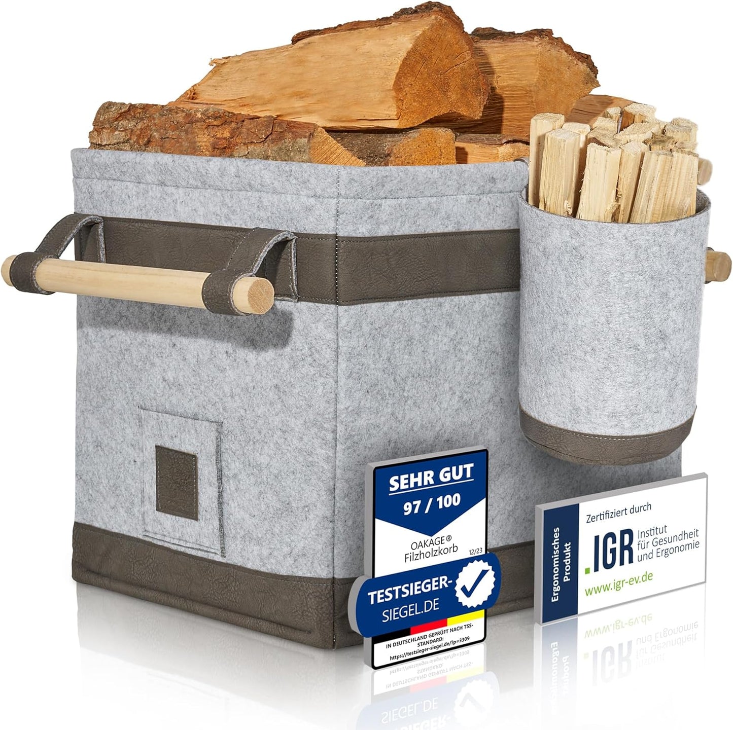 Holzkorb für Kaminholz, mit Zündholzkorb, Hellgrau Bundle
