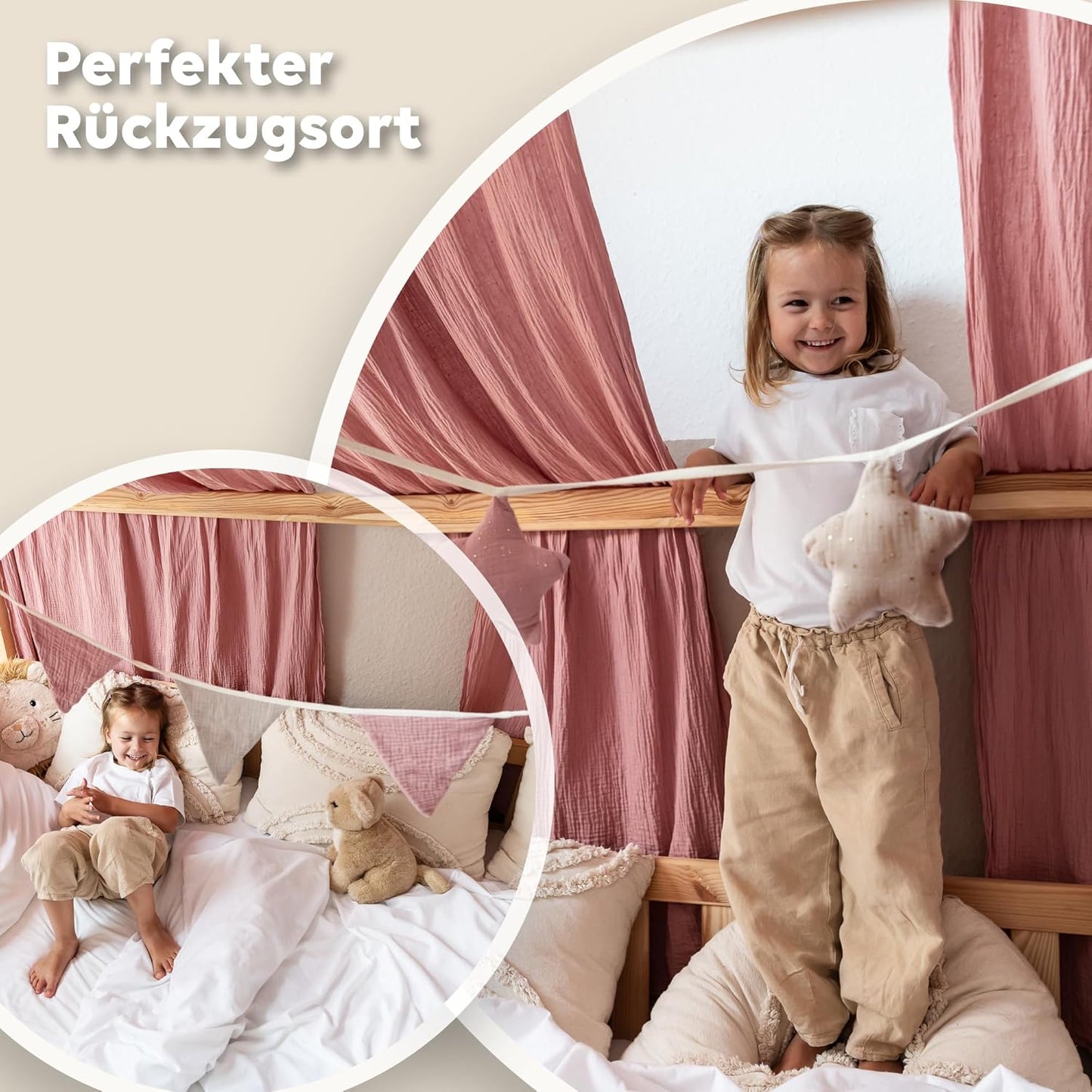 Stoffhimmel für Hausbett, Altrosa mit Gold 2er Set 67 x 320cm