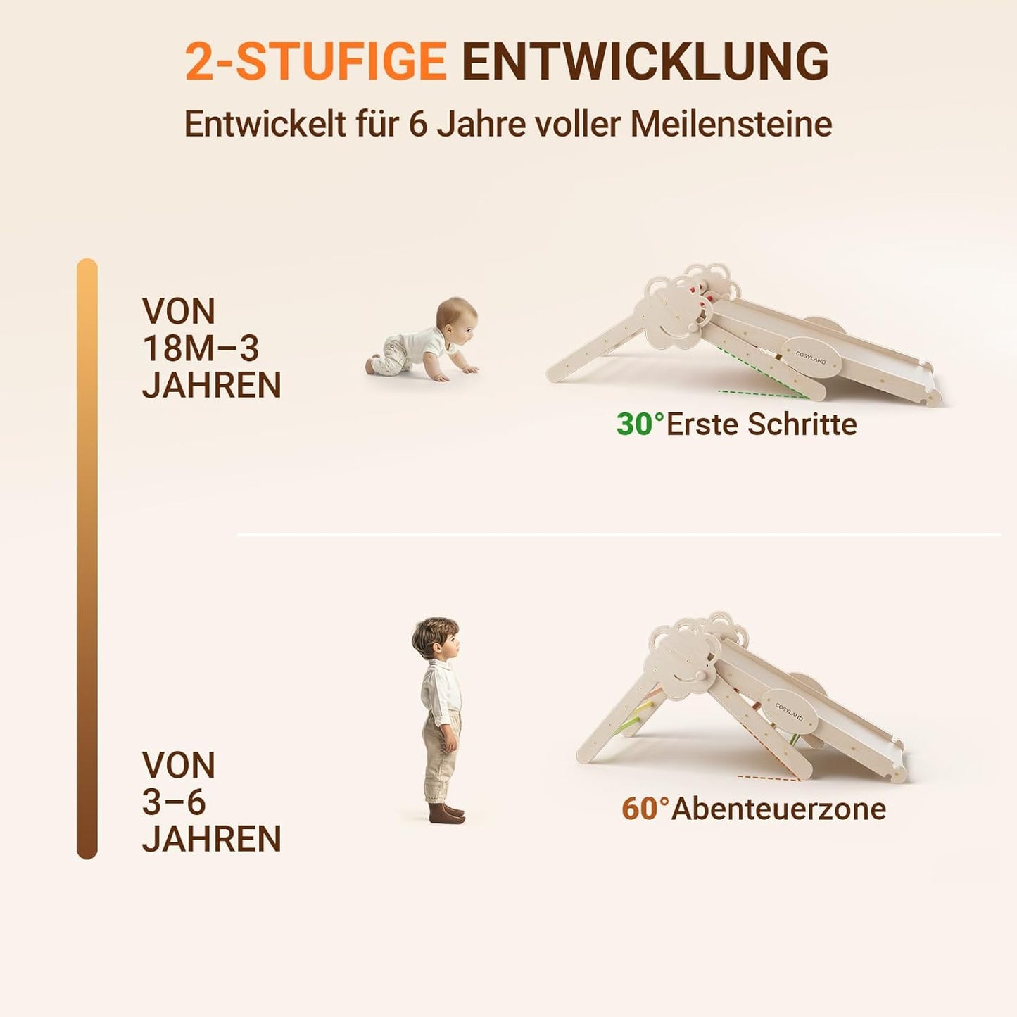 8-in-1 Klettergerüst Indoor mit Rutsche, L Natur/Warmfarben