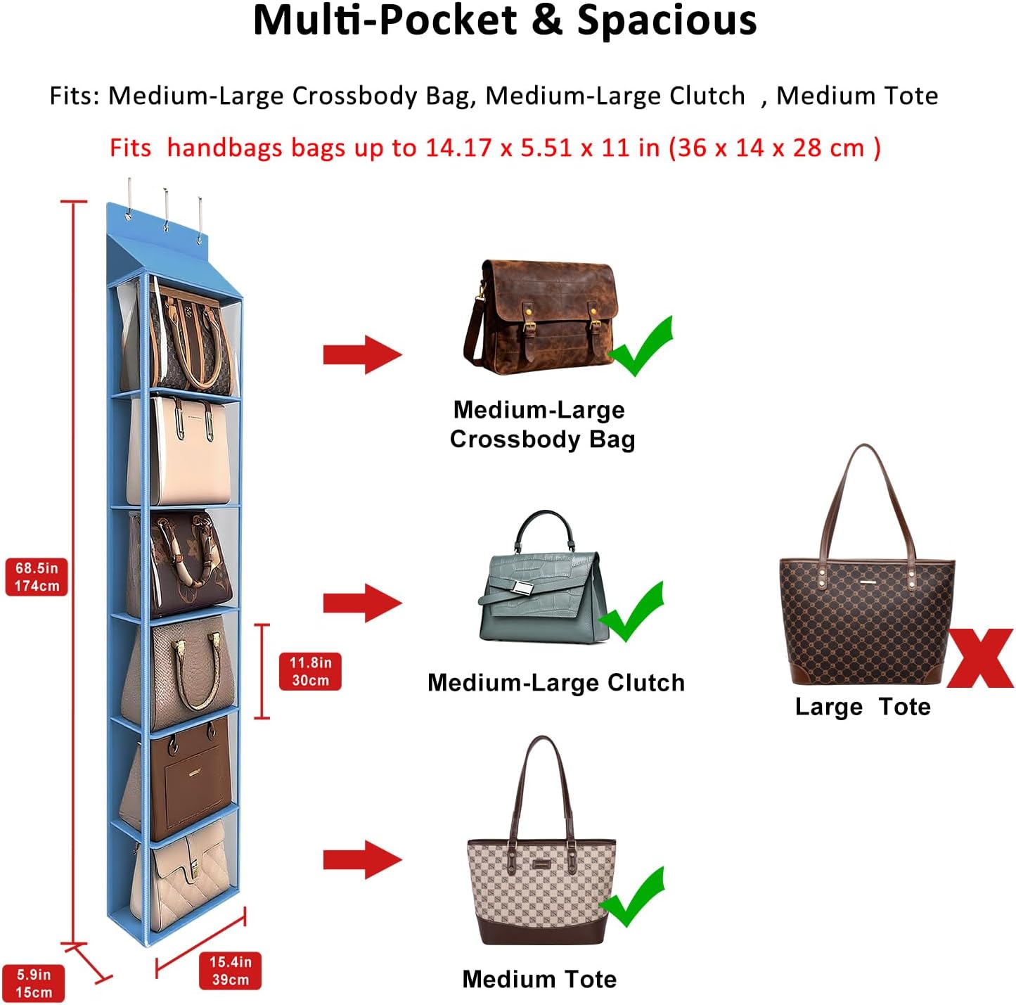 Handtaschen-Organizer mit 6 Taschen und Reissverschluss, Large Blau