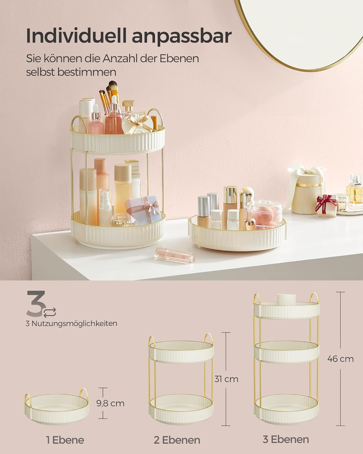 Drehbarer Make-up Organizer mit 3 Ebenen, Wolkenweiß 3 Ebenen (46H cm)