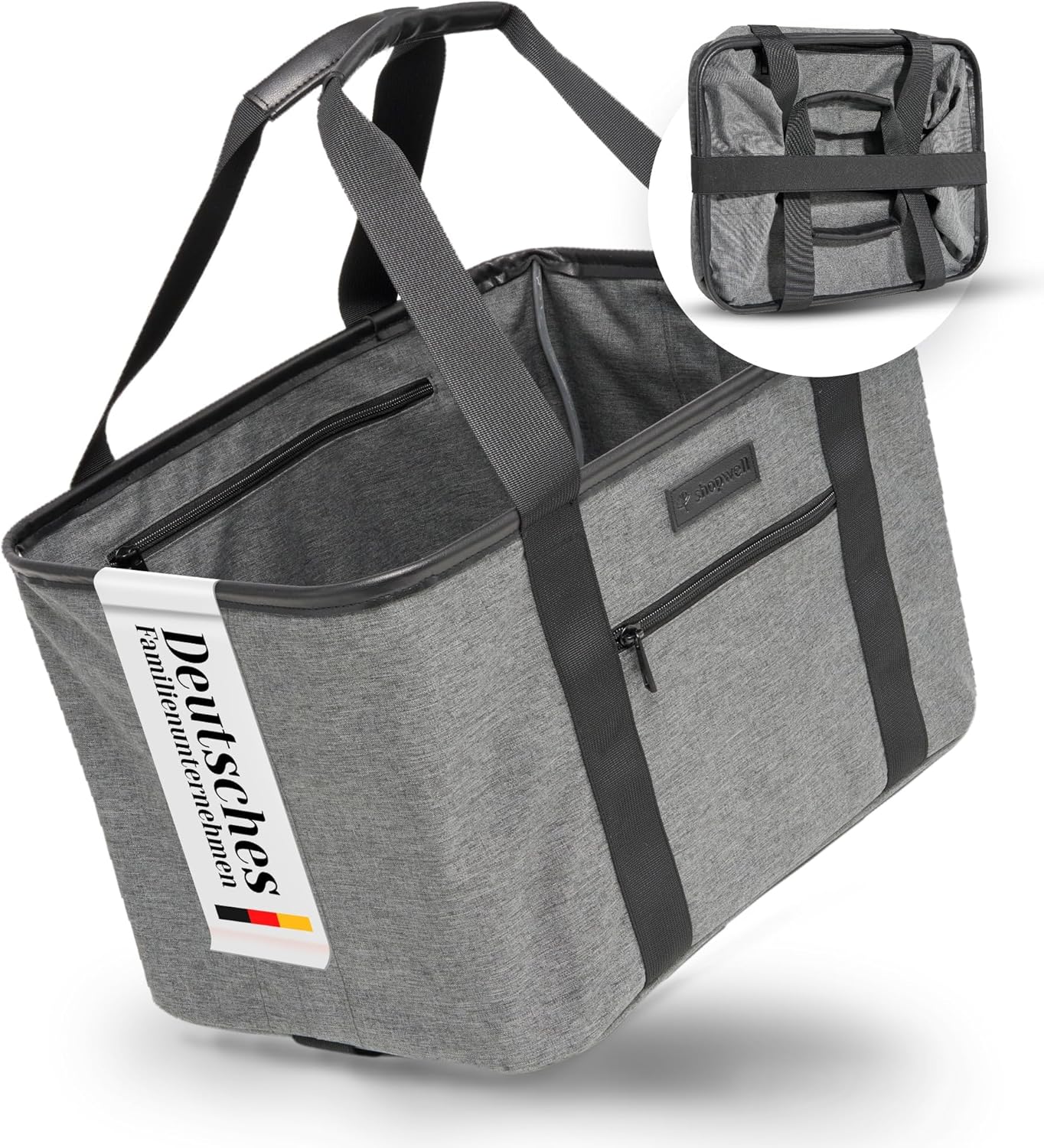 Faltbarer Einkaufskorb mit PU-Ledergriff (30L), Grau/Schwarz
