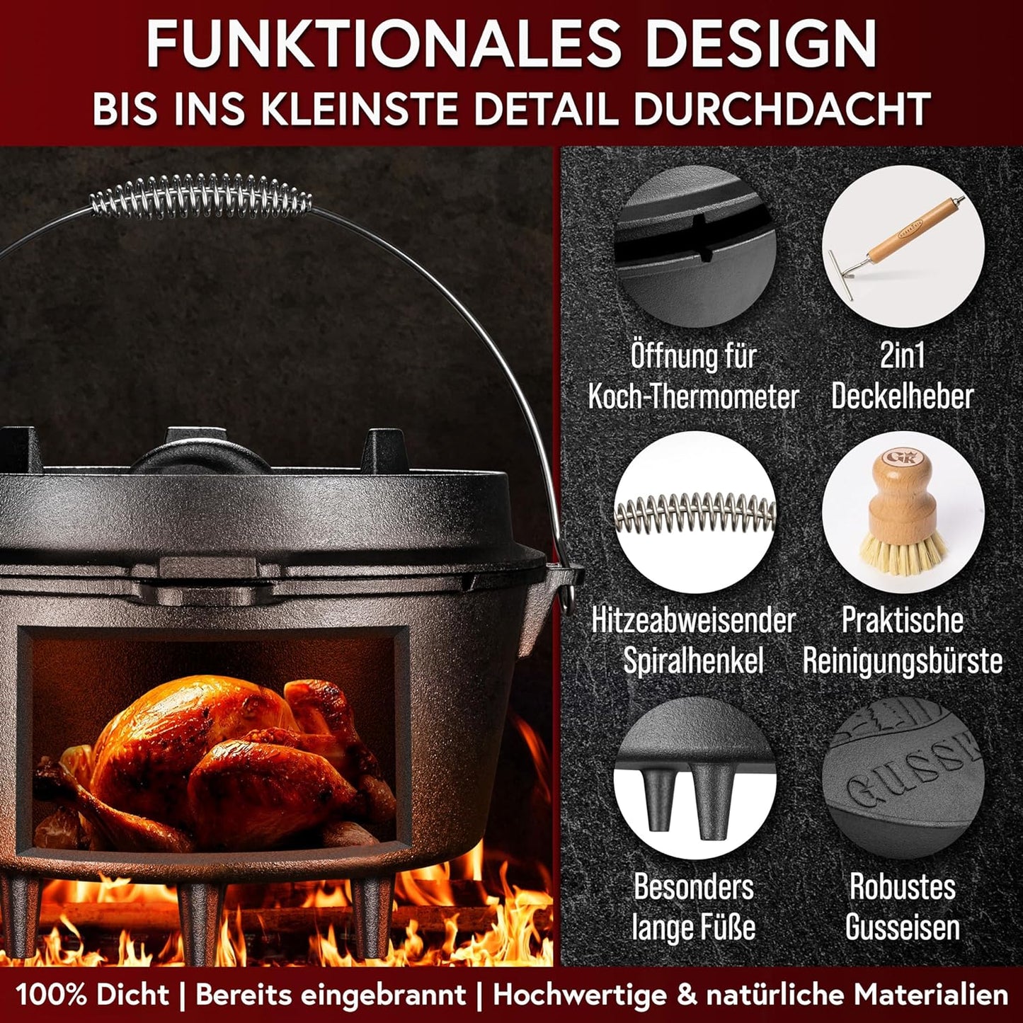 Dutch Oven Set, 9 Liter, Topf mit Fuss
