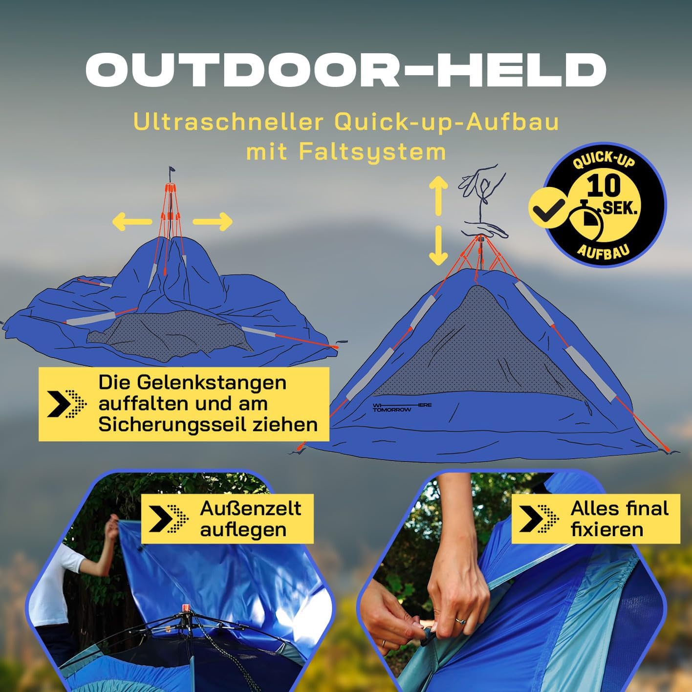 Pop Up Wurfzelt für 3 Personen, Blau 2-3 Personen | 1 Eingang