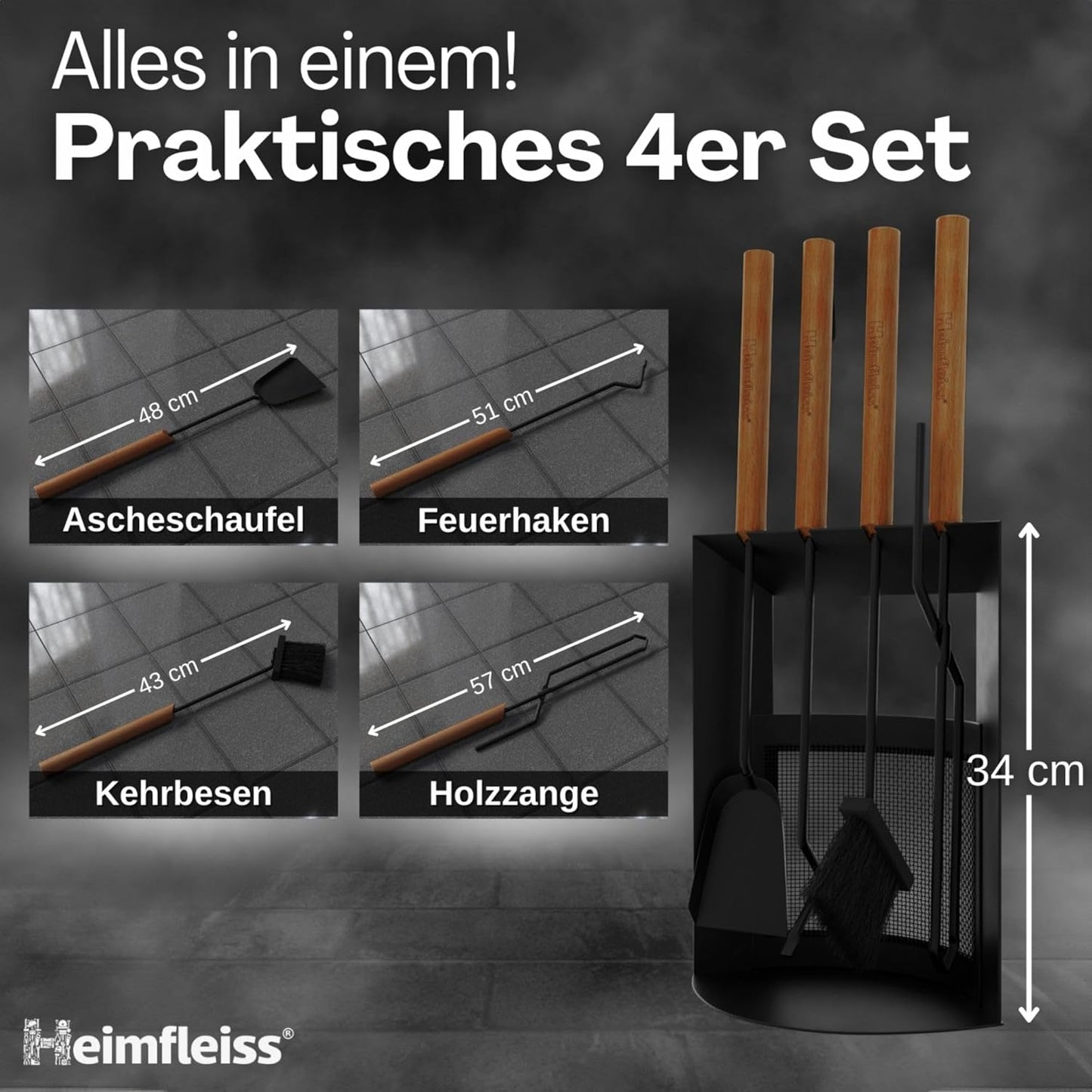 Kaminbesteck-Set mit Holzgriffen, Schwarz mit Holzgriffen - Design 40