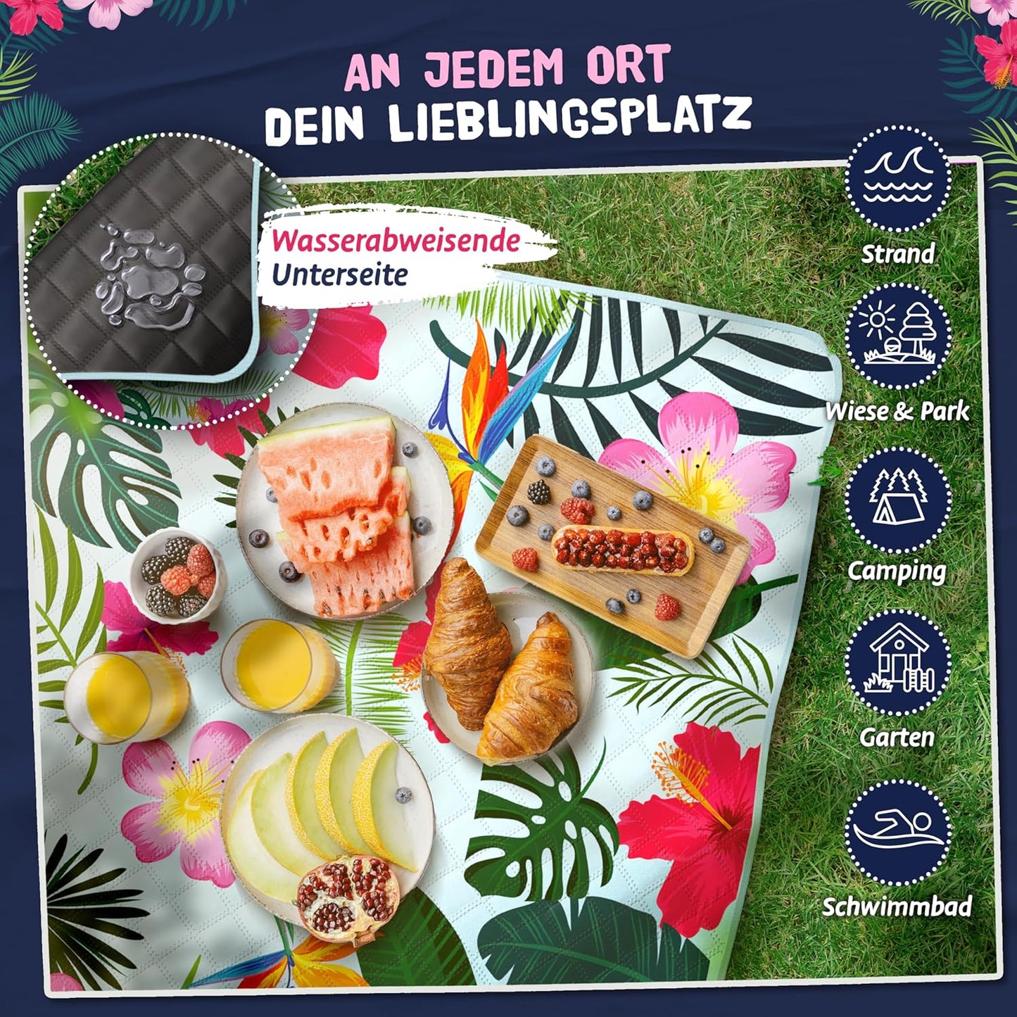 Picknick-Stranddecke, Tropical gerollt 13 x 40 cm (gerollt)