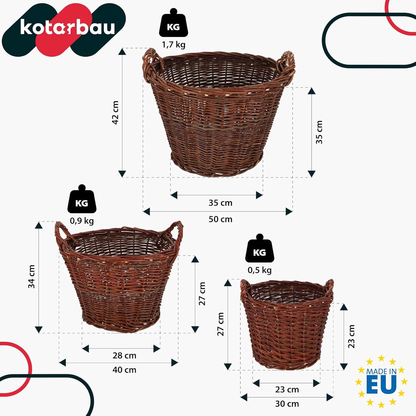3er-Set Weidenkörbe mit Griffen, ø 30 cm / ø 40 cm / ø 50 cm