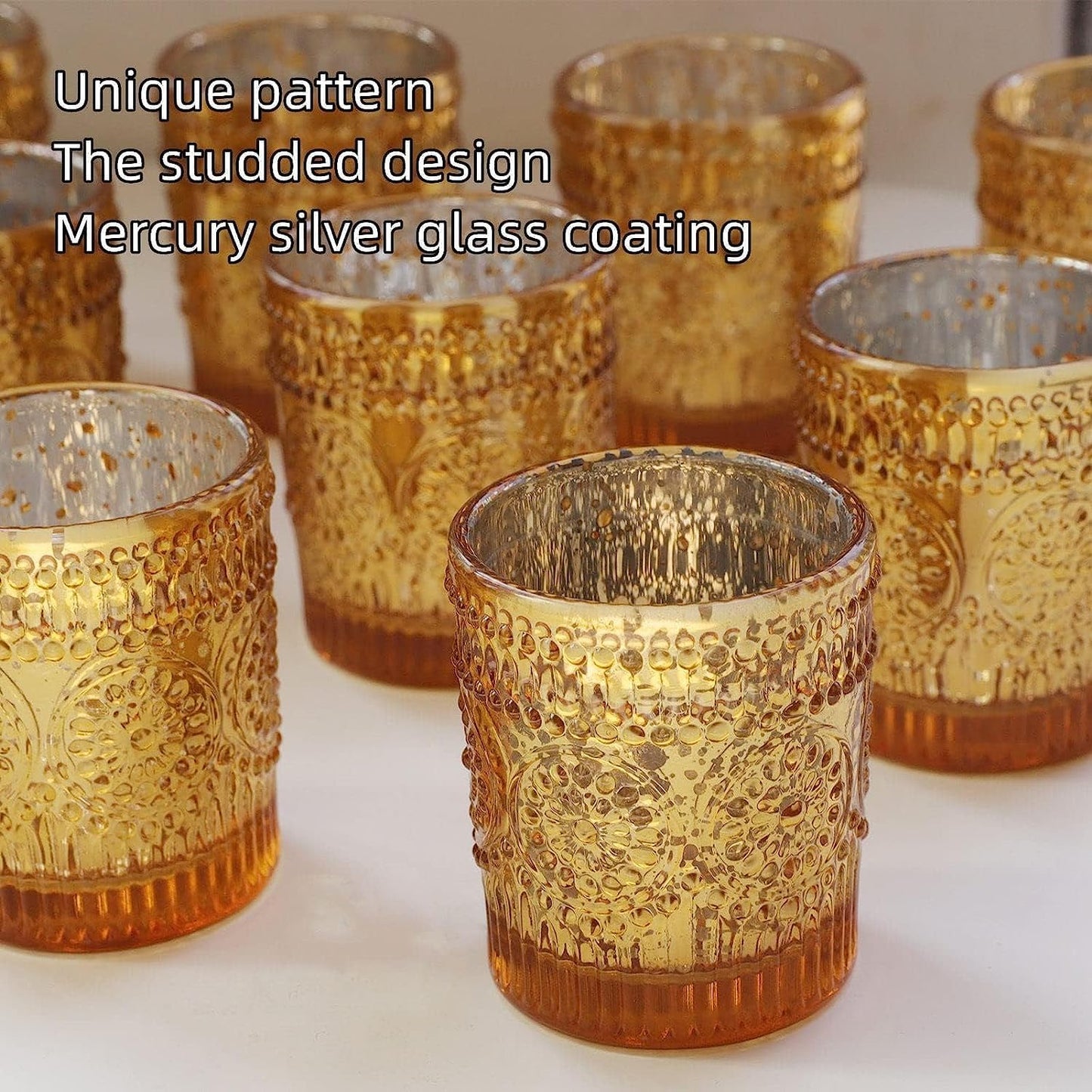 Teelichthalter-Set aus Quecksilberglas (12 Stück), Gold