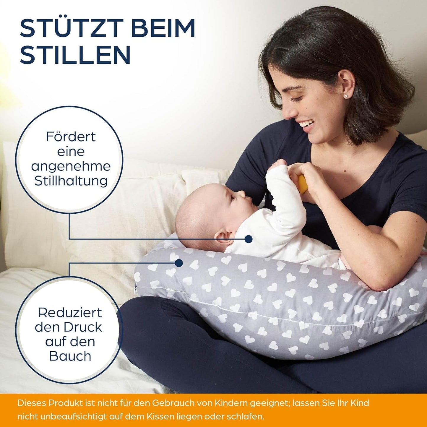 Schwangerschaftskissen, Grau-weiss Herz / 2-in-1 Kissen