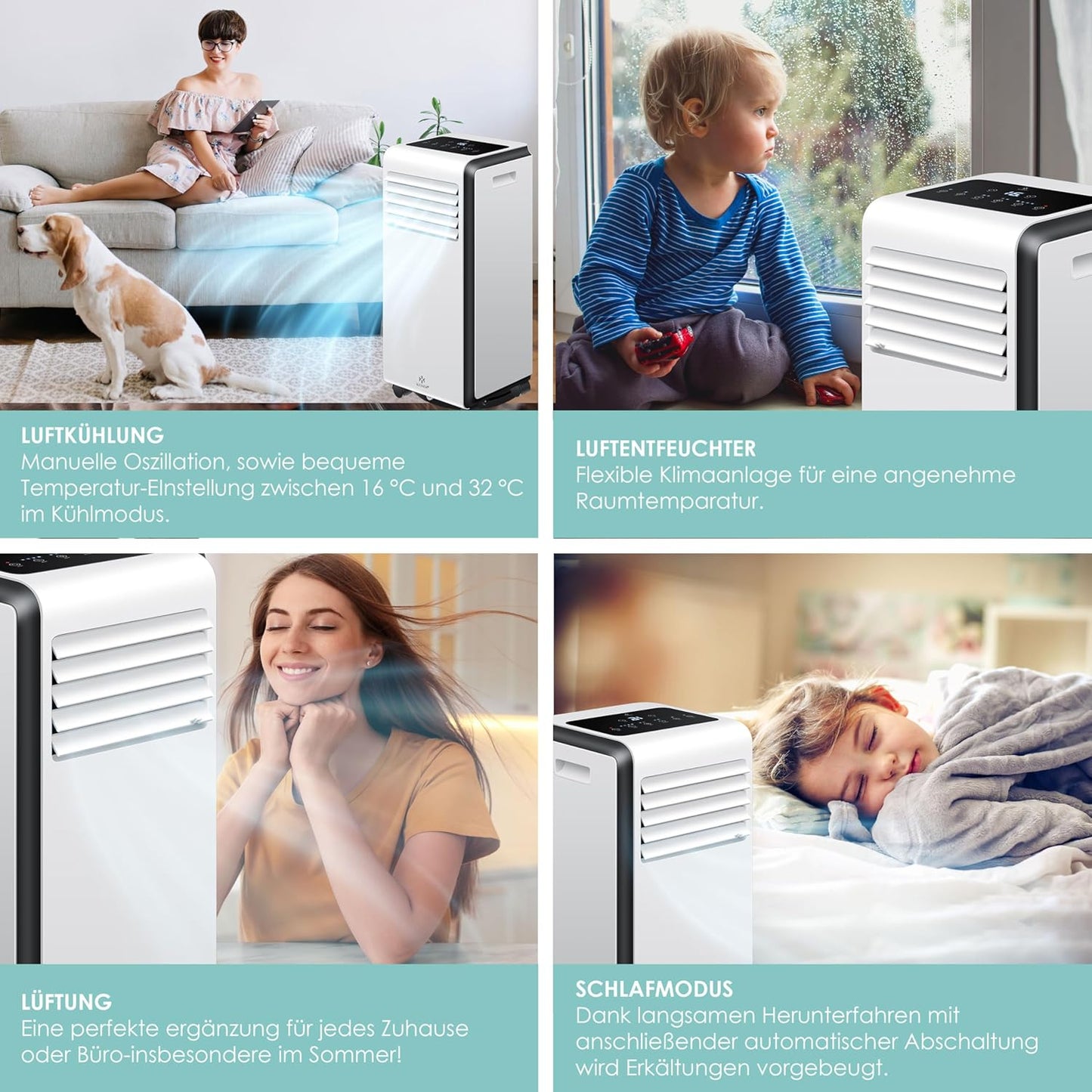 Mobiles Klimagerät 4in1 mit Timer & Fernbedienung, 9000BTU Weiß