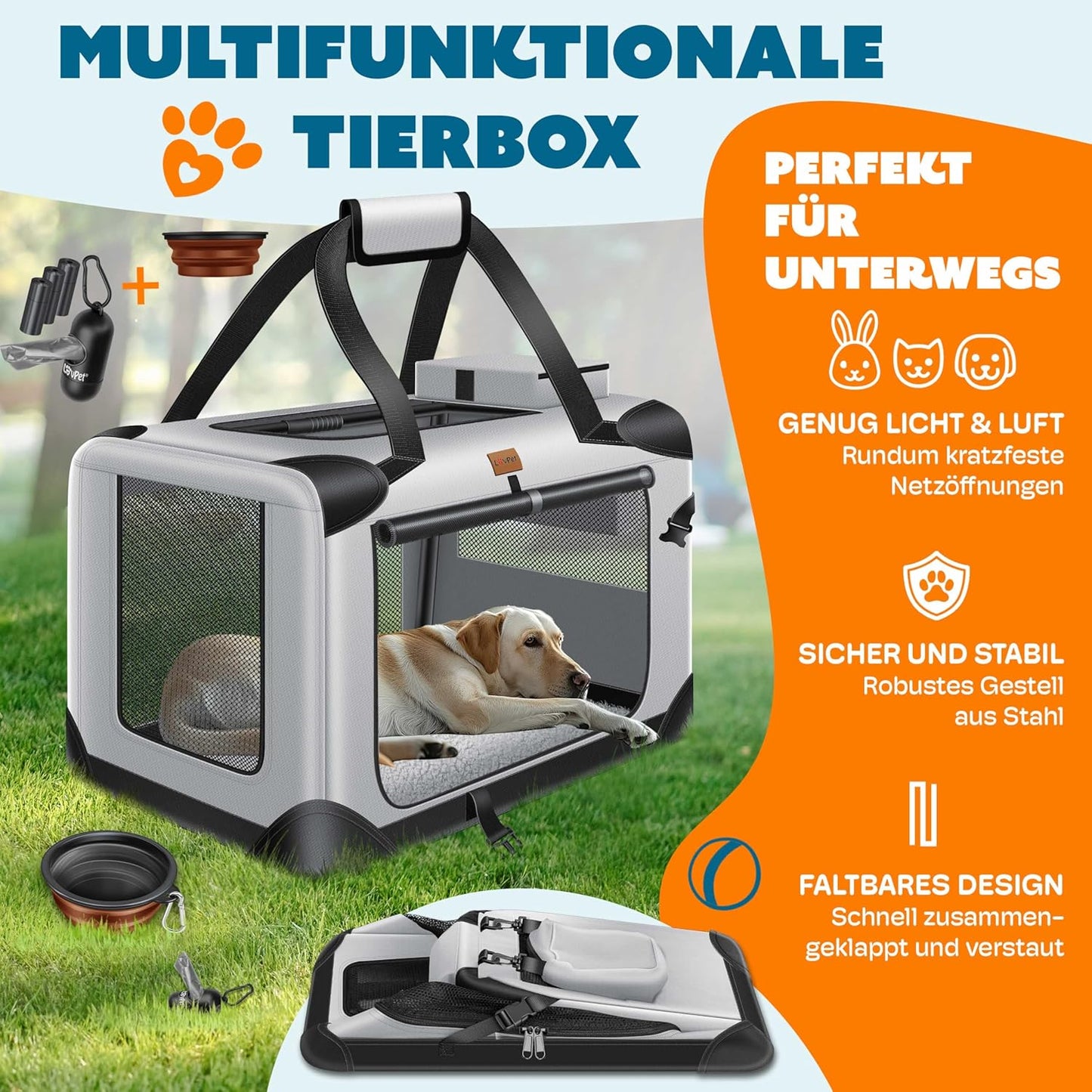 Transportbox für Haustiere inkl. Napf & Schultergurt, XL Hellgrau
