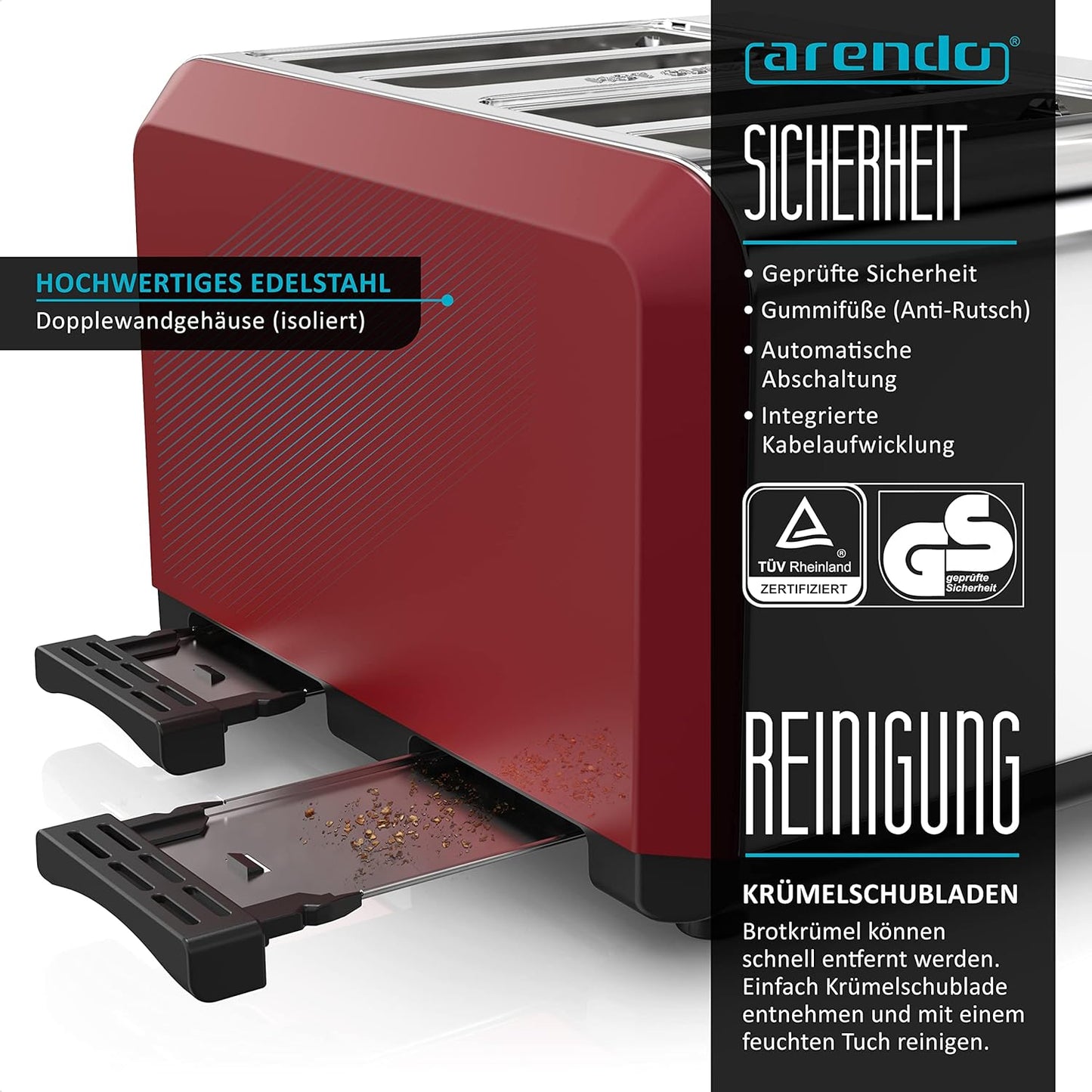 Automatik Toaster für 4 Scheiben mit Auftaufunktion, E: Rot