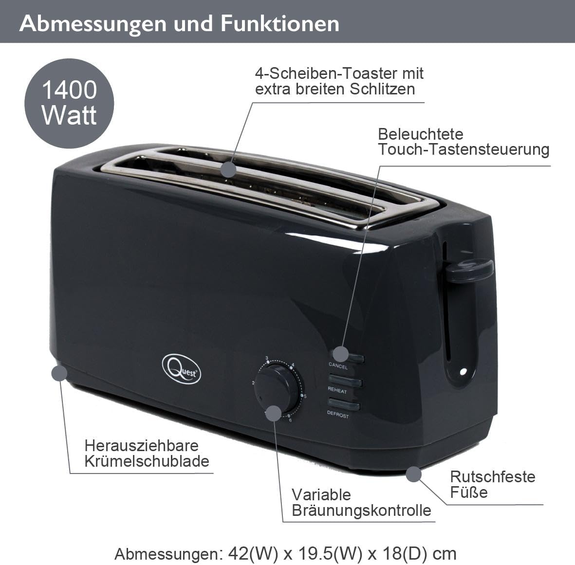 4-Scheiben Langschlitz-Toaster mit Auftaufunktion