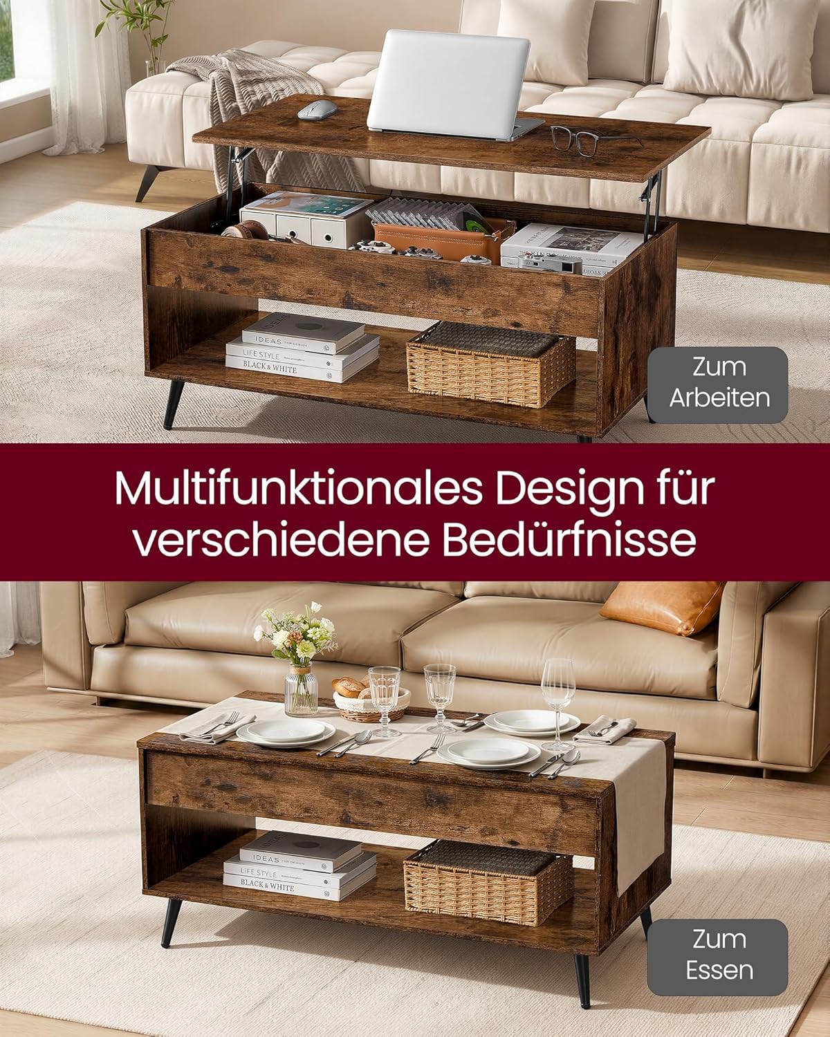 Höhenverstellbarer Couchtisch mit Stauraum, Vintagebraun + Mattschwarz Ohne Schubladen