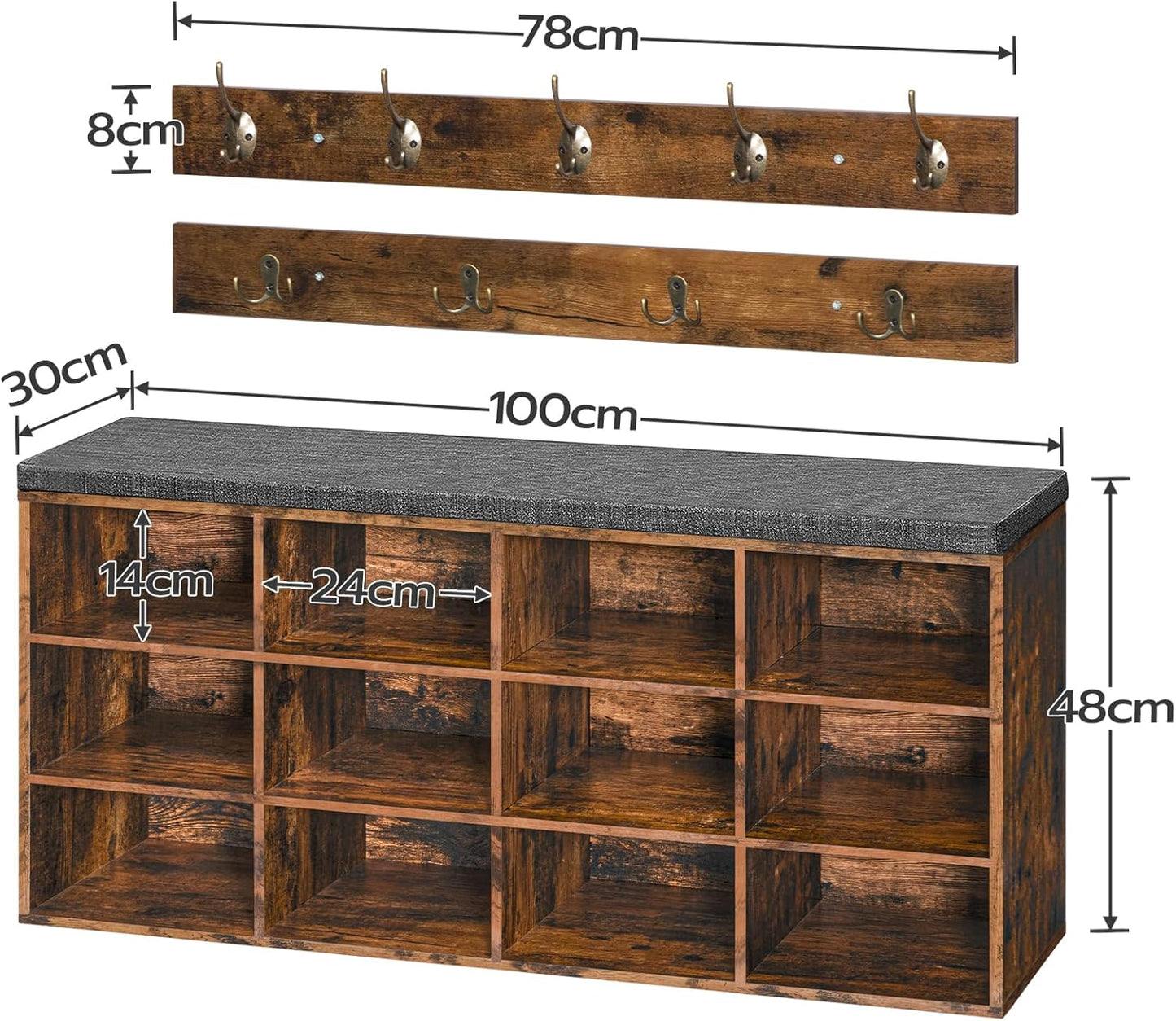 Garderobe und Schuhregal-Set mit Sitzbank und Haken, Vintagebraun + Braun 100 cm x 30 cm x 48 cm