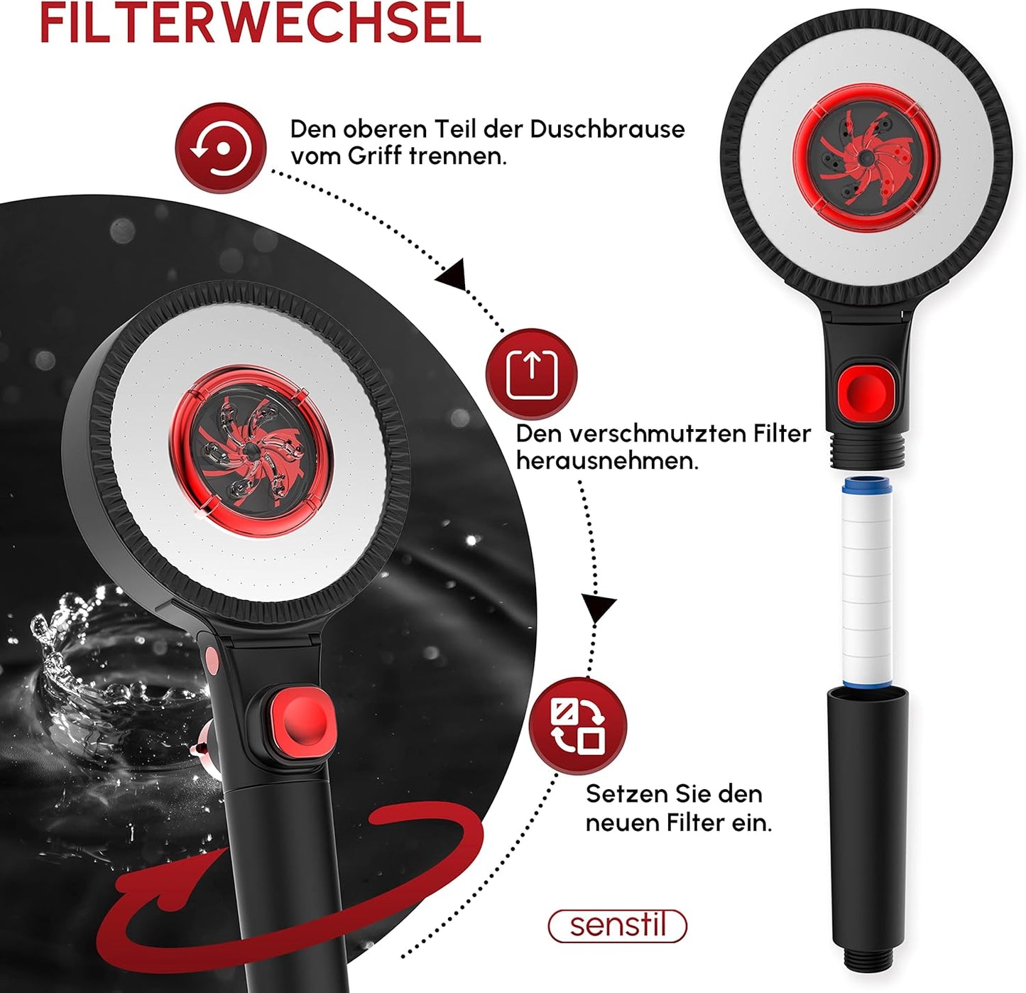 Double-Face Max Duschkopf mit Wassersparfunktion, Mit Schlauch Schwarz Max