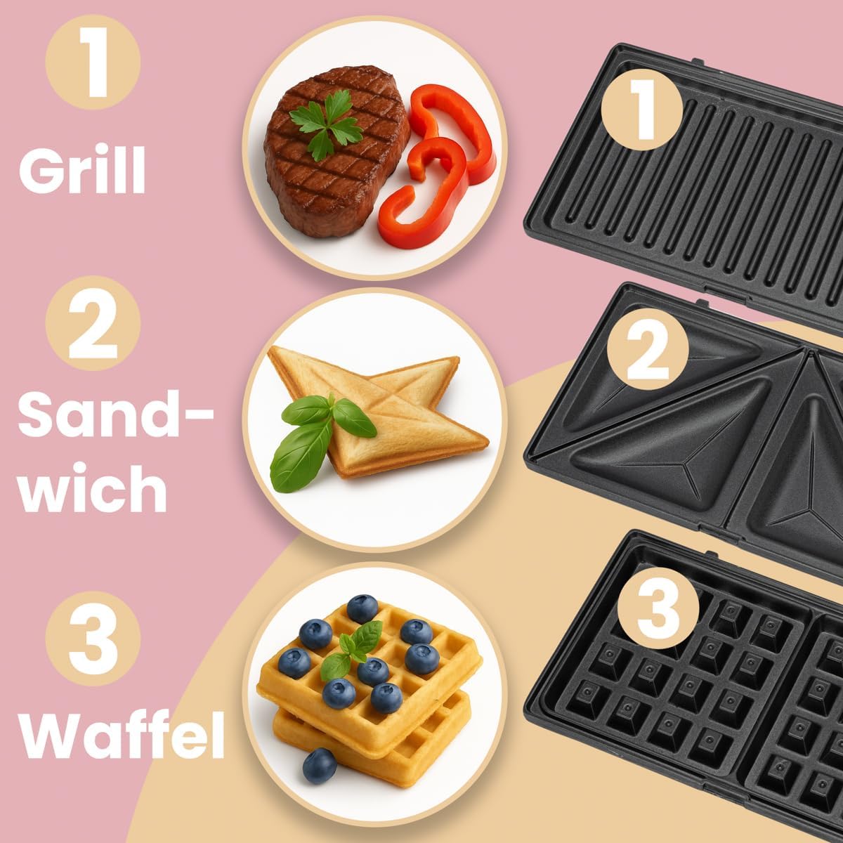 3-in-1-Multifunktionsgerät mit Toaster, Waffeleisen und Grill, Sandwichtoaster, Waffelautomat und Kontaktgrill