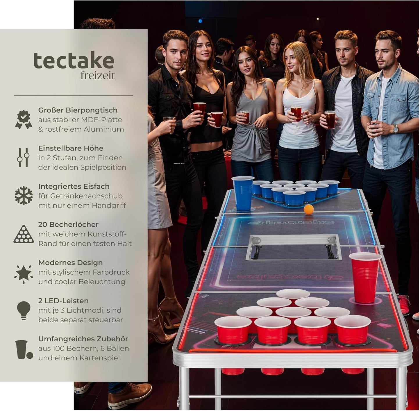 Bierpongtisch BeerWars II, mit Eisfach und LED-Beleuchtung, BeerWars II