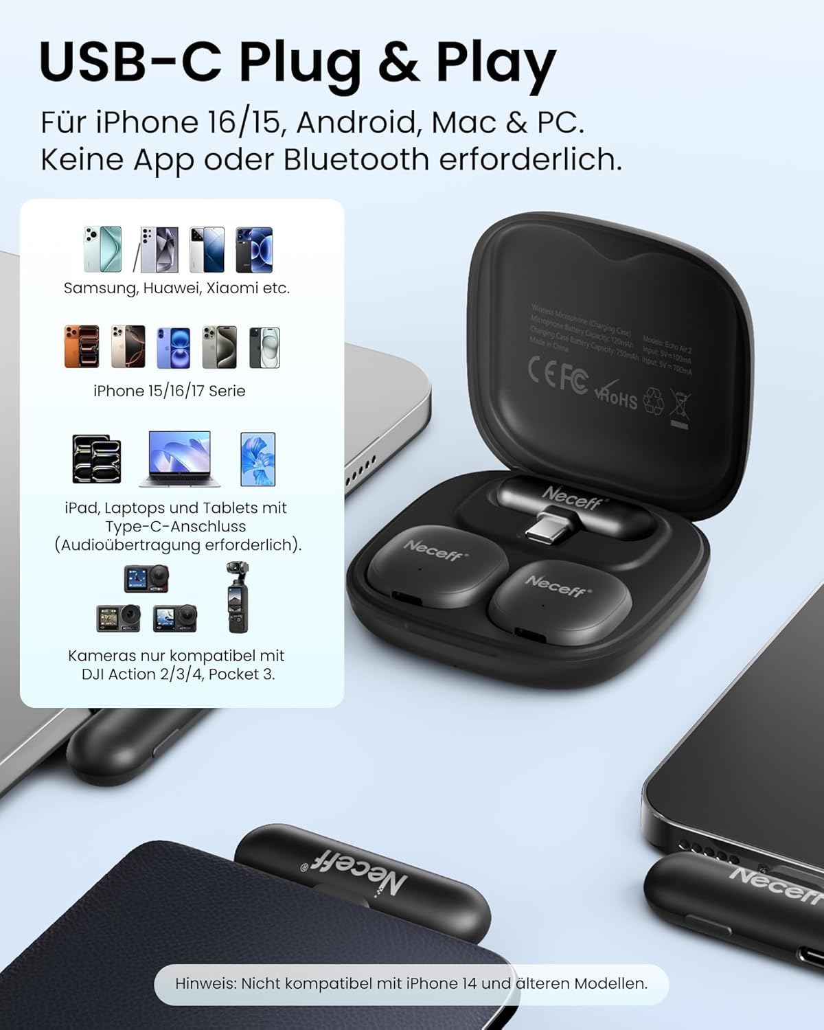 Echo Air 2 Lavalier Mikrofon USB-C für Smartphones, Elfenbeinschwarz