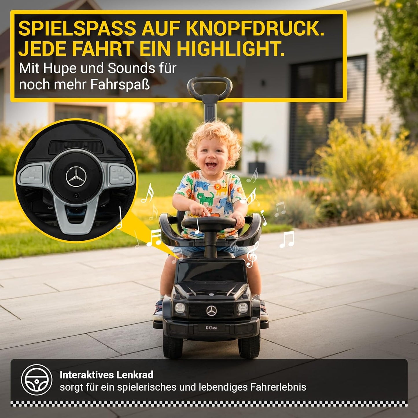 3in1 Rutschauto Mercedes G350d mit Schiebestange, Schutzbügel & Sonnendach, Schwarz 3in1