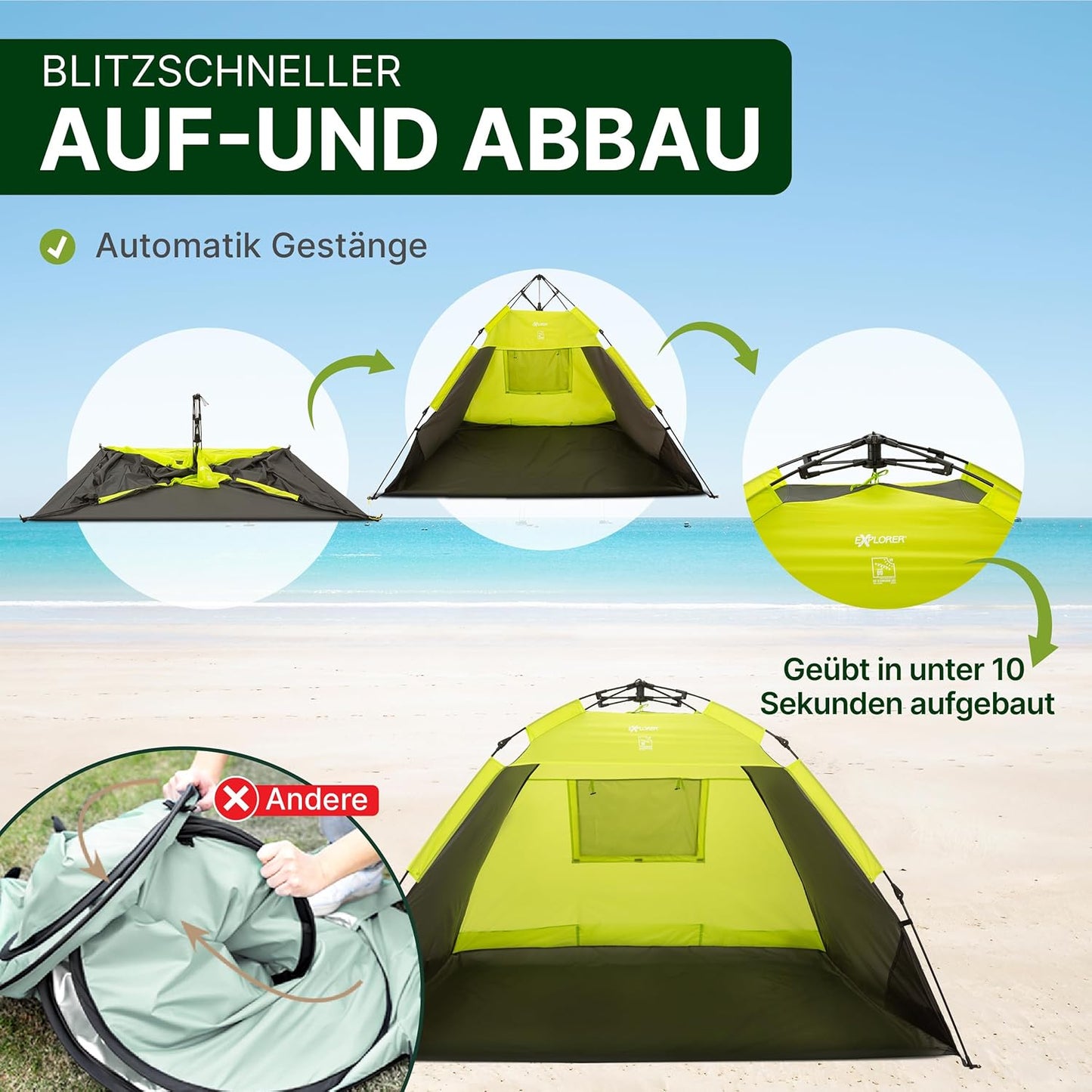 Strandmuschel mit UV-Schutz, Automatik XXL Grün