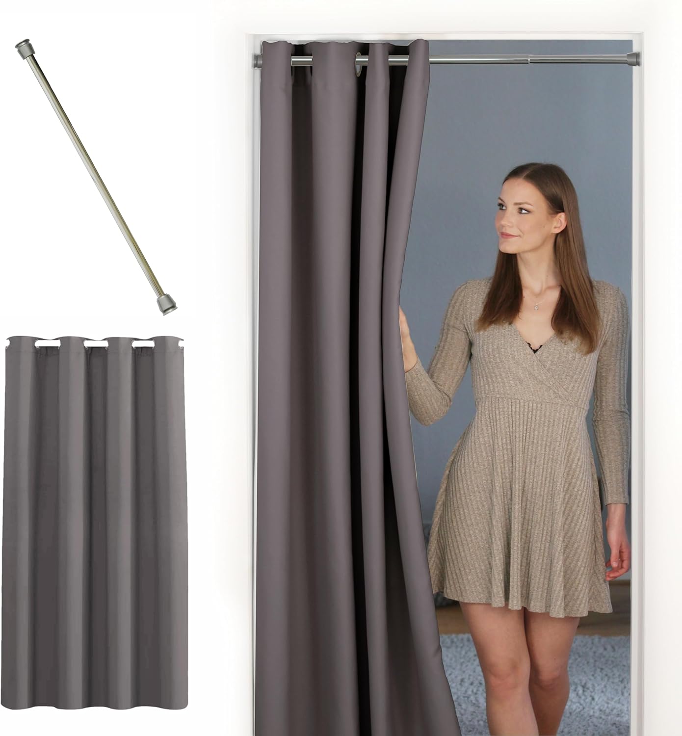 Türvorhang mit Teleskopstange, H210 x B150 cm (1er Pack) / Türvorhang Grau + Stange Silber 55-90 Cm