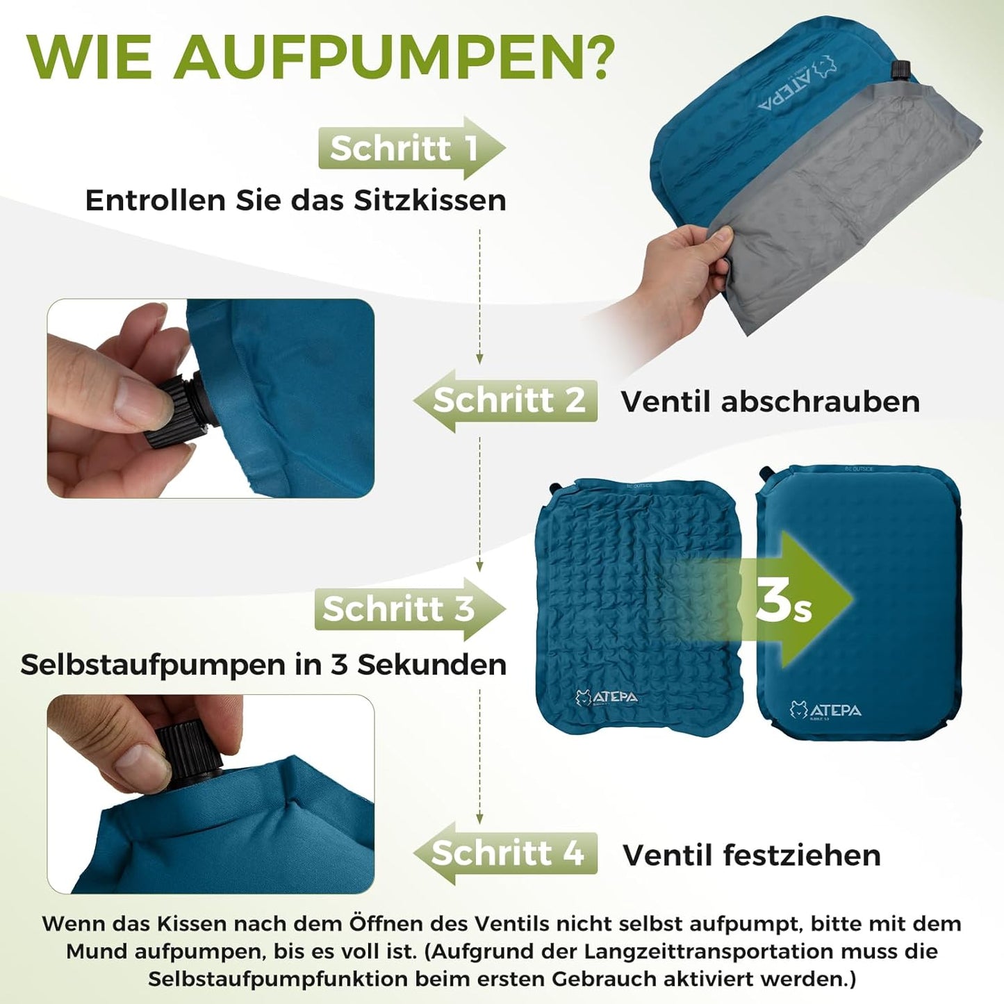 Aufblasbares Sitzkissen, Blau 1er Pack 38 x 28 x 5 cm