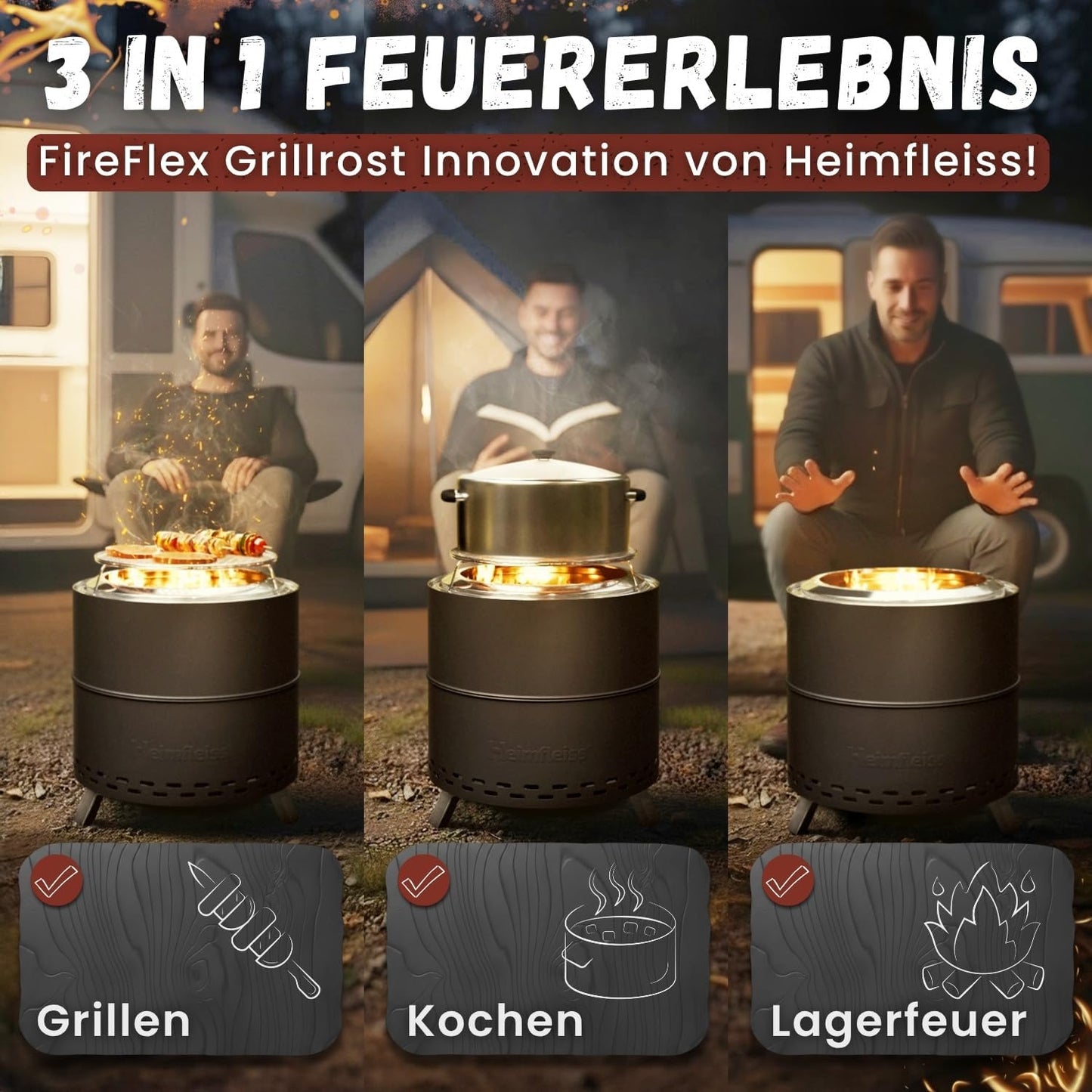 Rauchfreie Feuerschale mit Grillrost, Ø 50 cm Schwarz