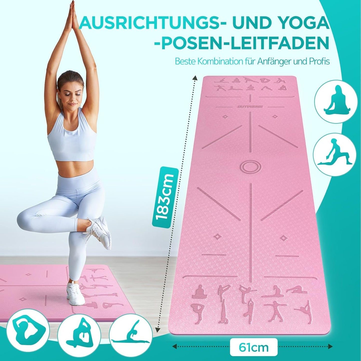 Yoga- und Pilatesmatte mit Ausrichtungslinien, Rosa und Lila / 183x61x0.6cm