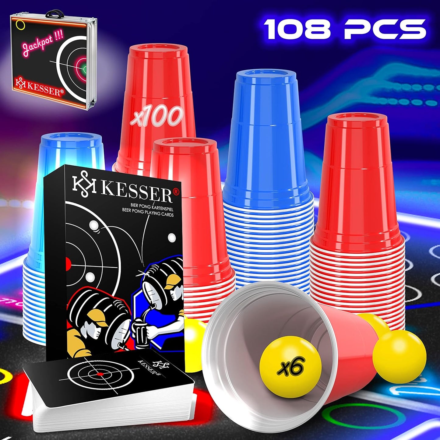 Bier Pong Tisch Set mit LED und Kartenspiel, Classic mit Led + Kartenspiel