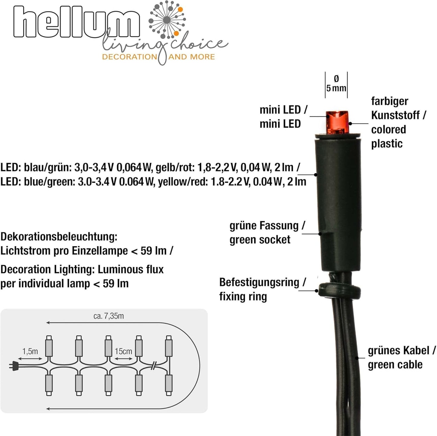 LED-Lichterkette für Innenräume (50 LEDs), Bunt / Kabel Grün 50 Mini LED / 7,35m beleuchtet